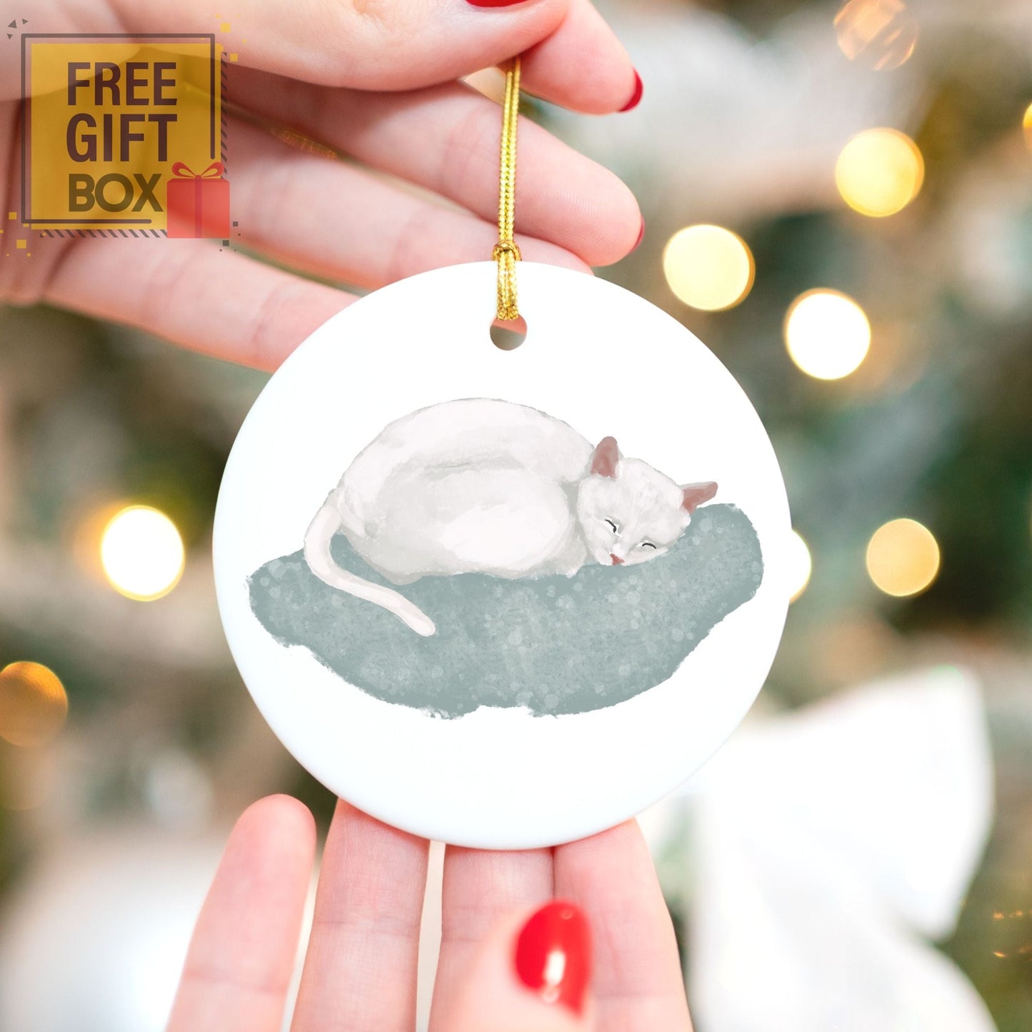 White Cat Ceramic Ornament - MerikaArt