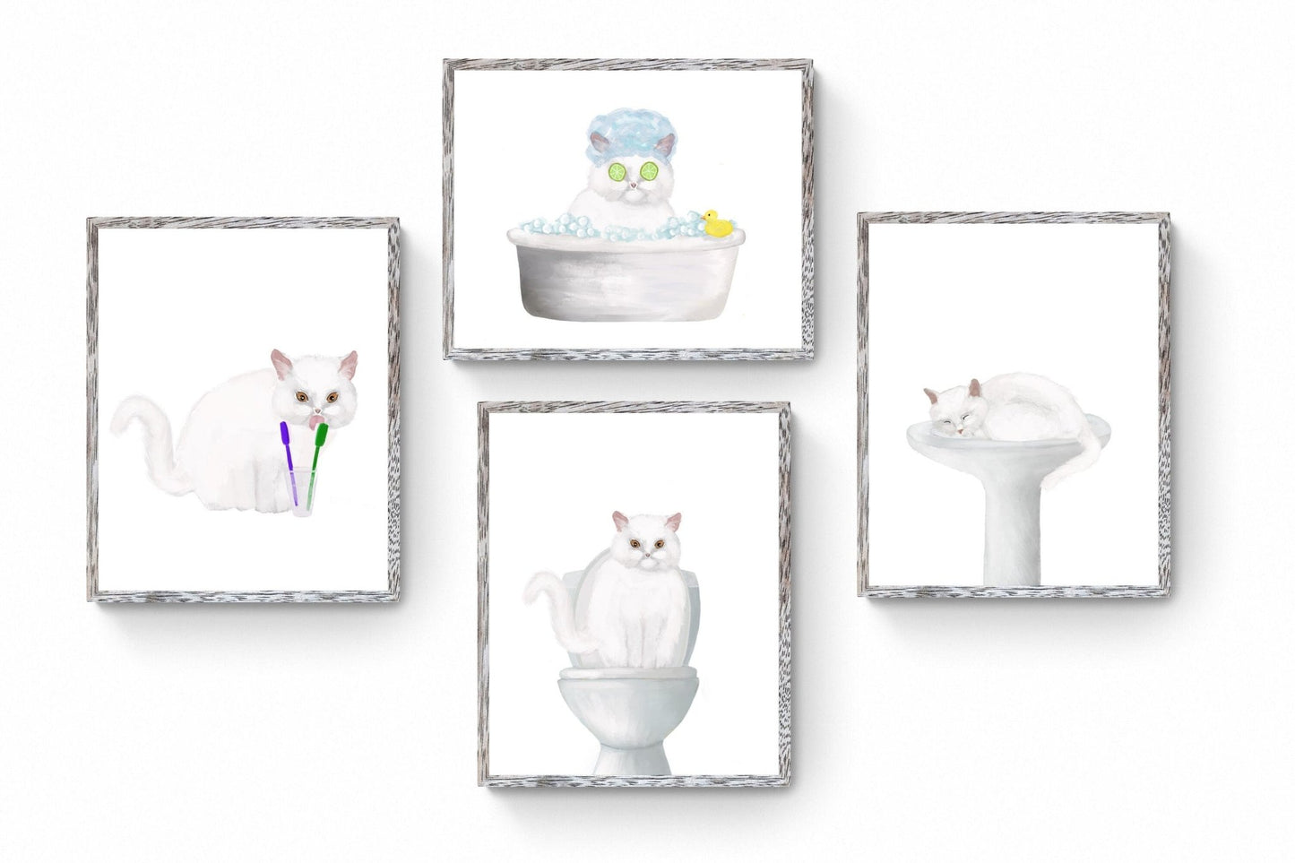 White Cat in Bathroom Set of 4 Print - MerikaArt