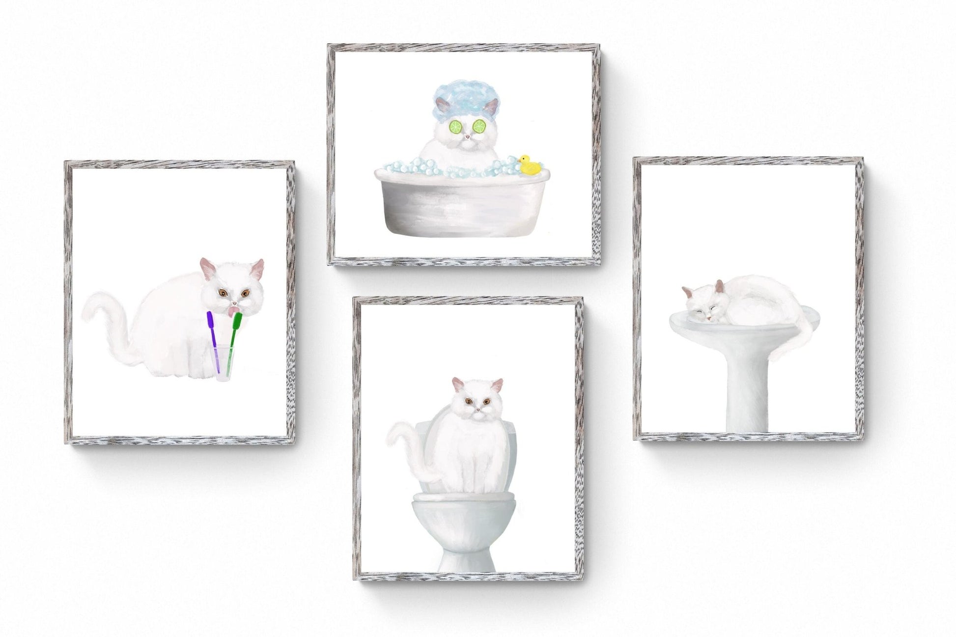 White Cat in Bathroom Set of 4 Print - MerikaArt