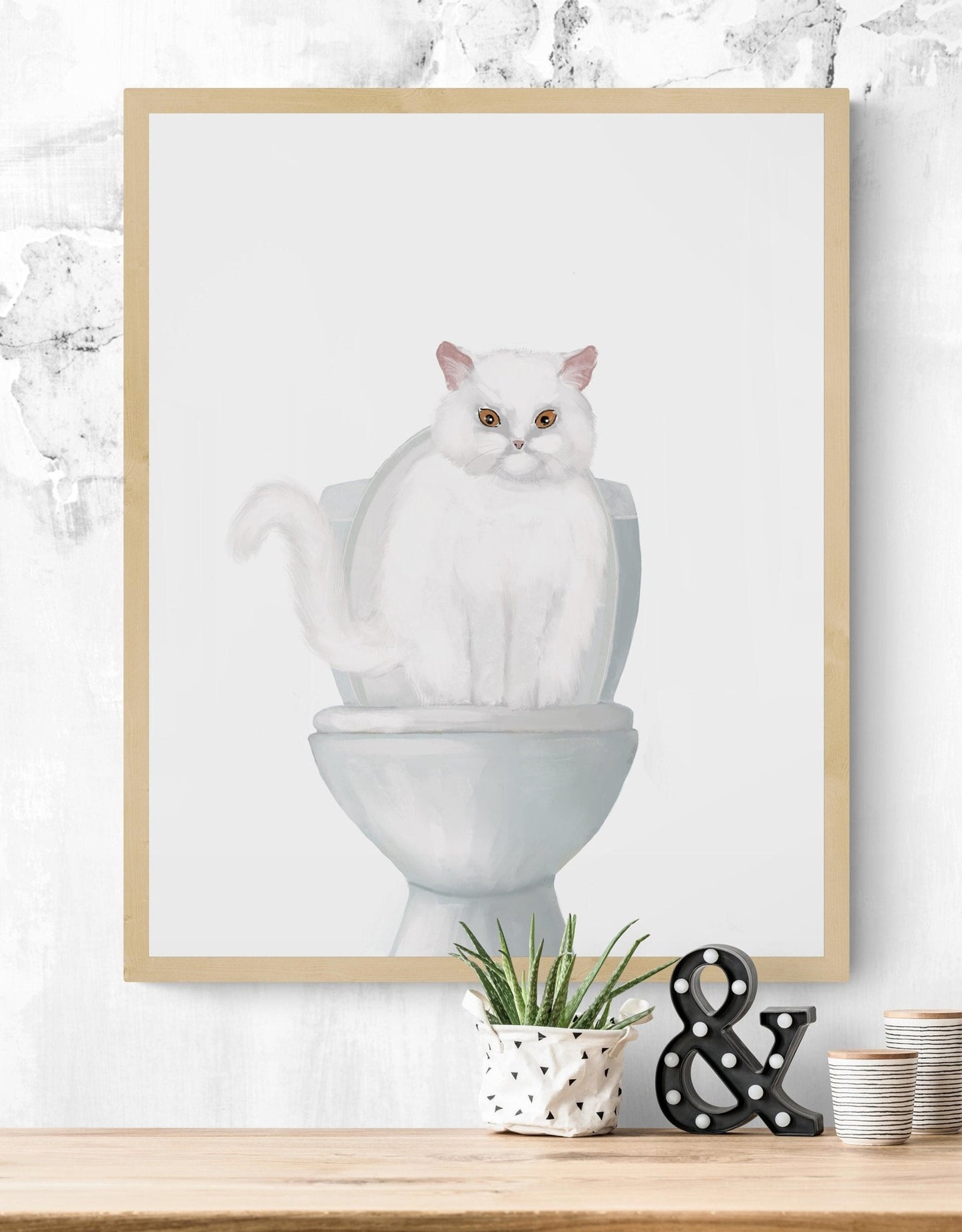 White Cat Sitting on Toilet Print - MerikaArt
