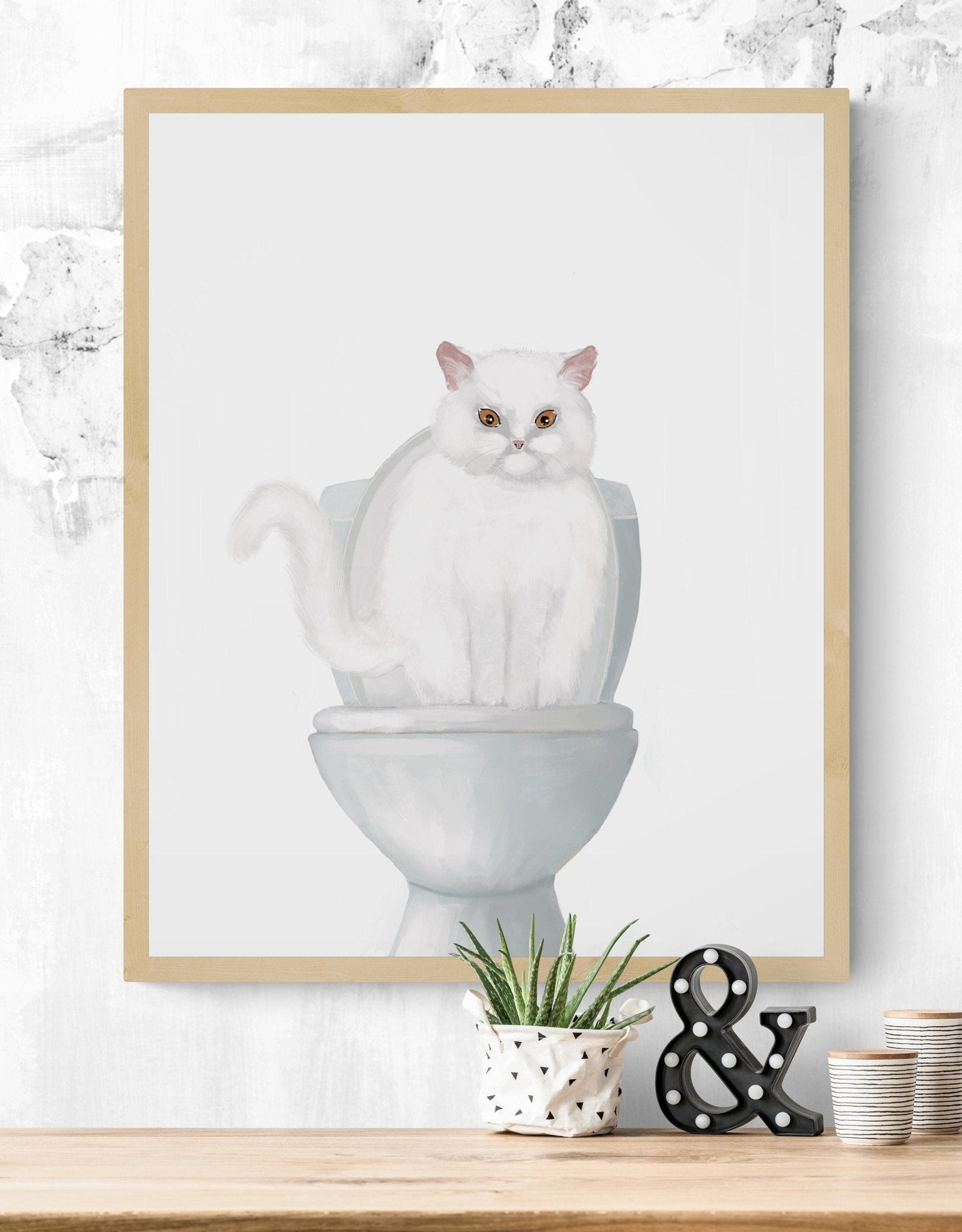 White Cat Sitting on Toilet Print - MerikaArt