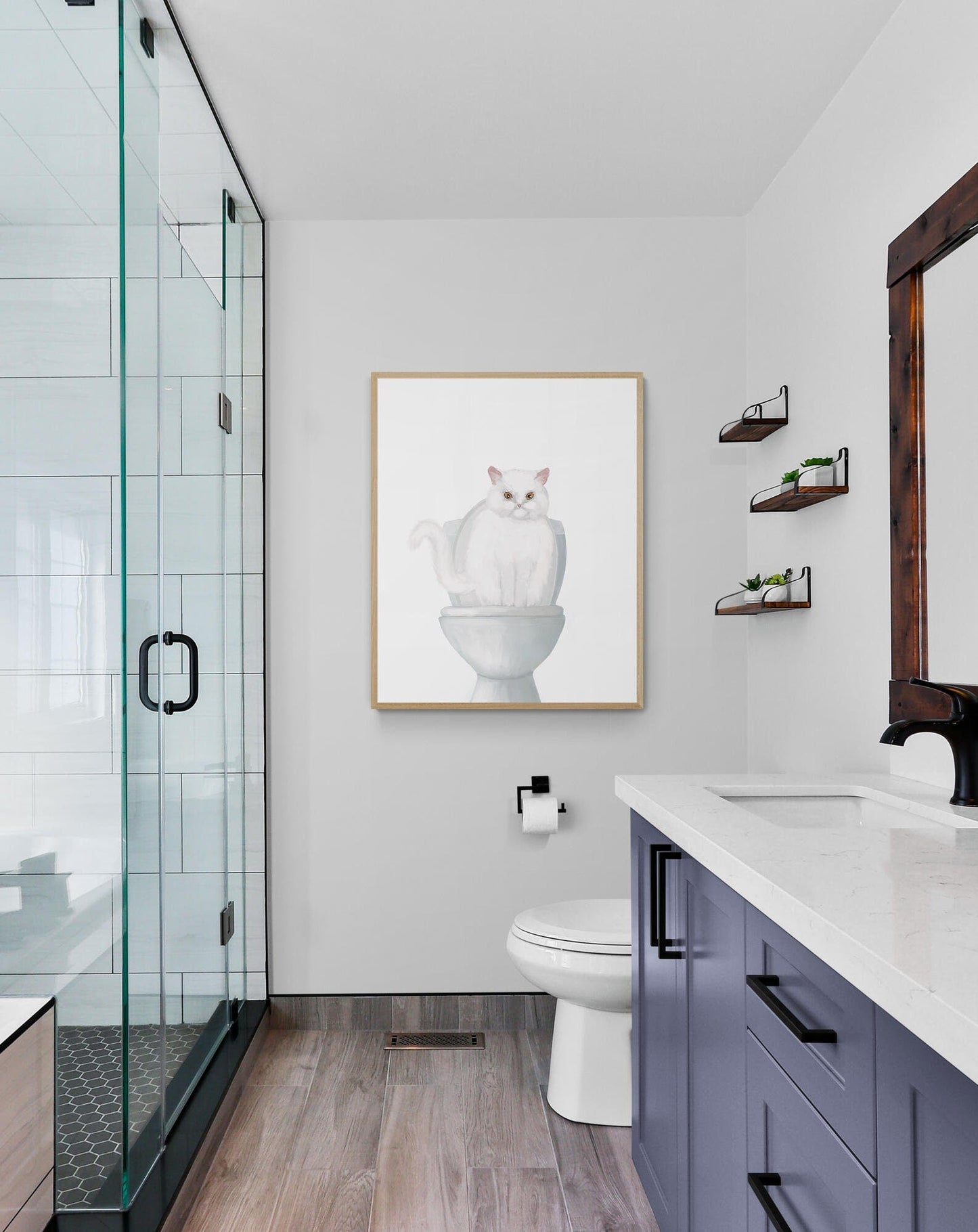 White Cat Sitting on Toilet Print - MerikaArt