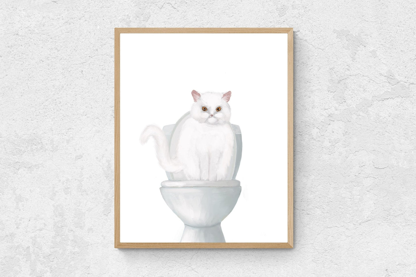 White Cat Sitting on Toilet Print - MerikaArt