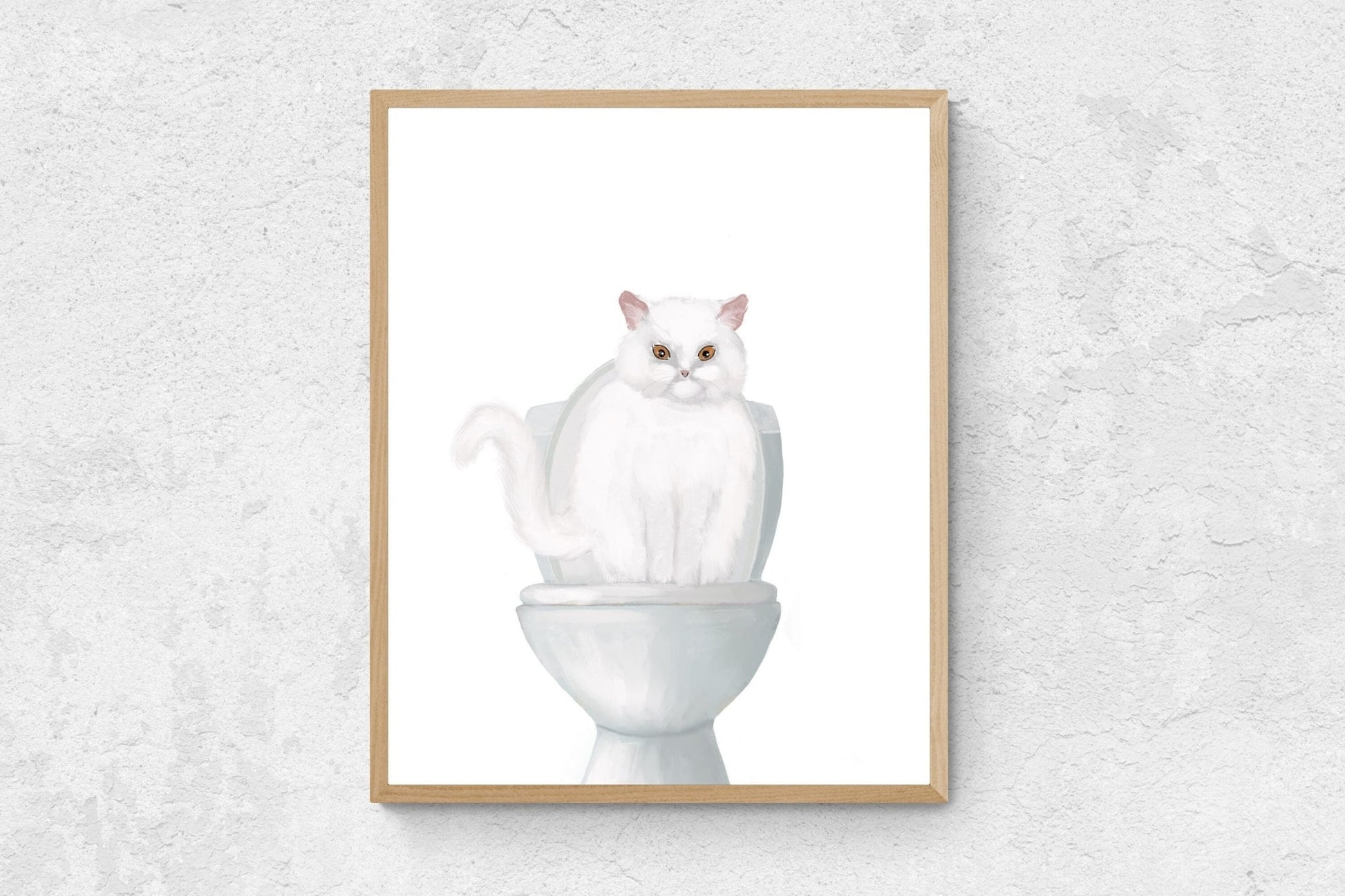White Cat Sitting on Toilet Print - MerikaArt