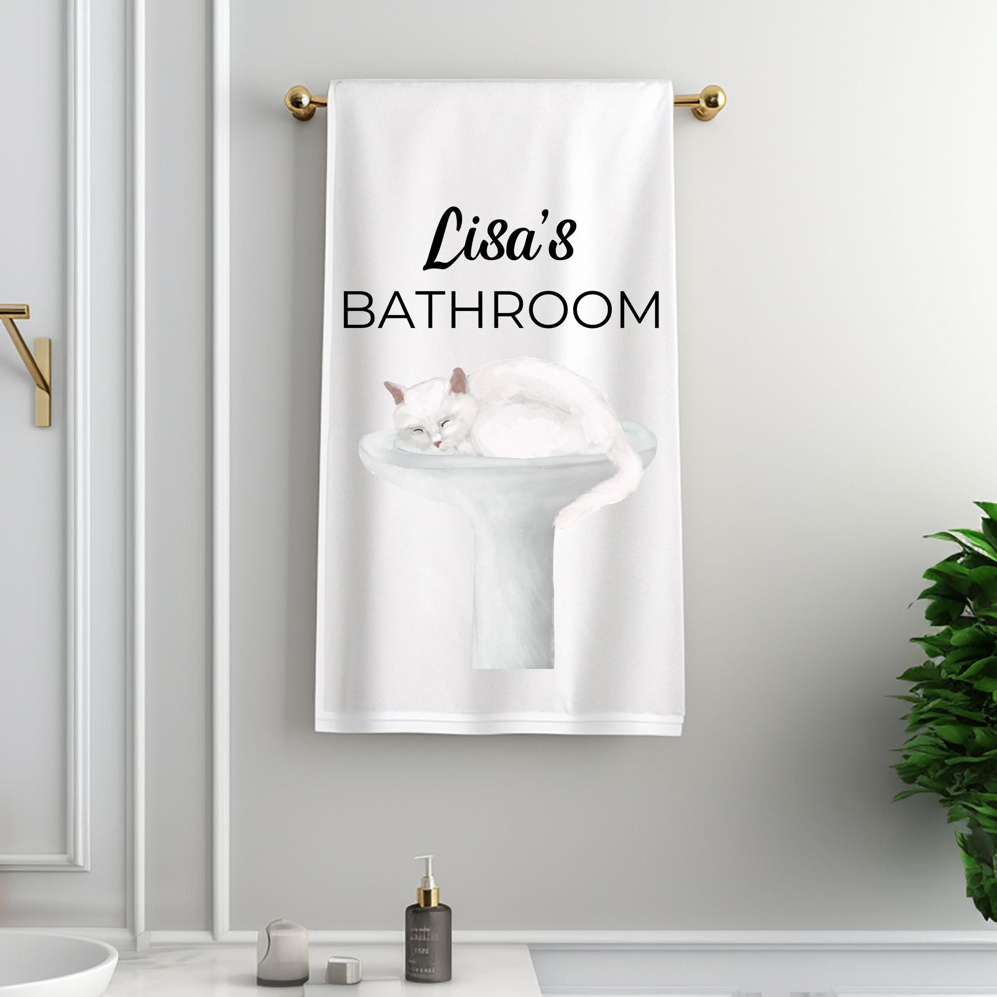 White Cat Sleeping in Sink Bathroom Towel - MerikaArt