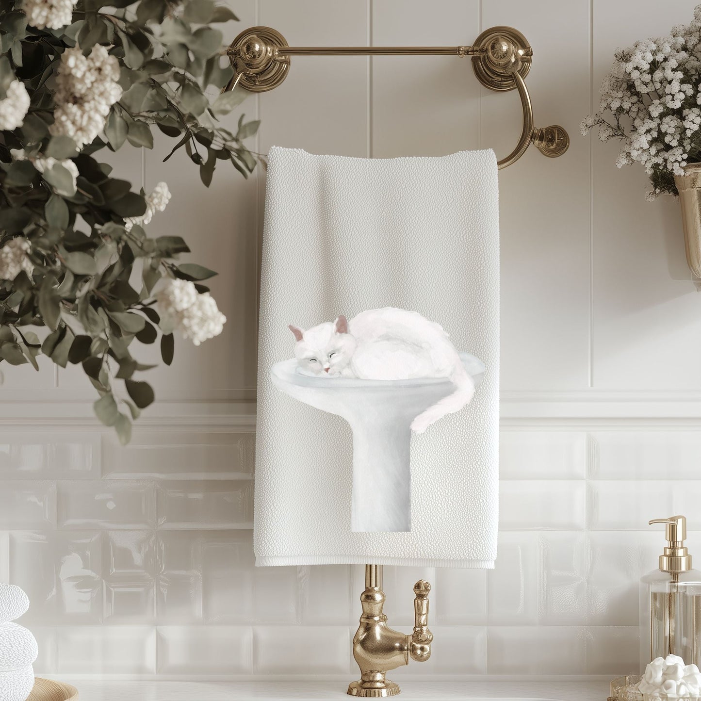 White Cat Sleeping in Sink Bathroom Towel - MerikaArt