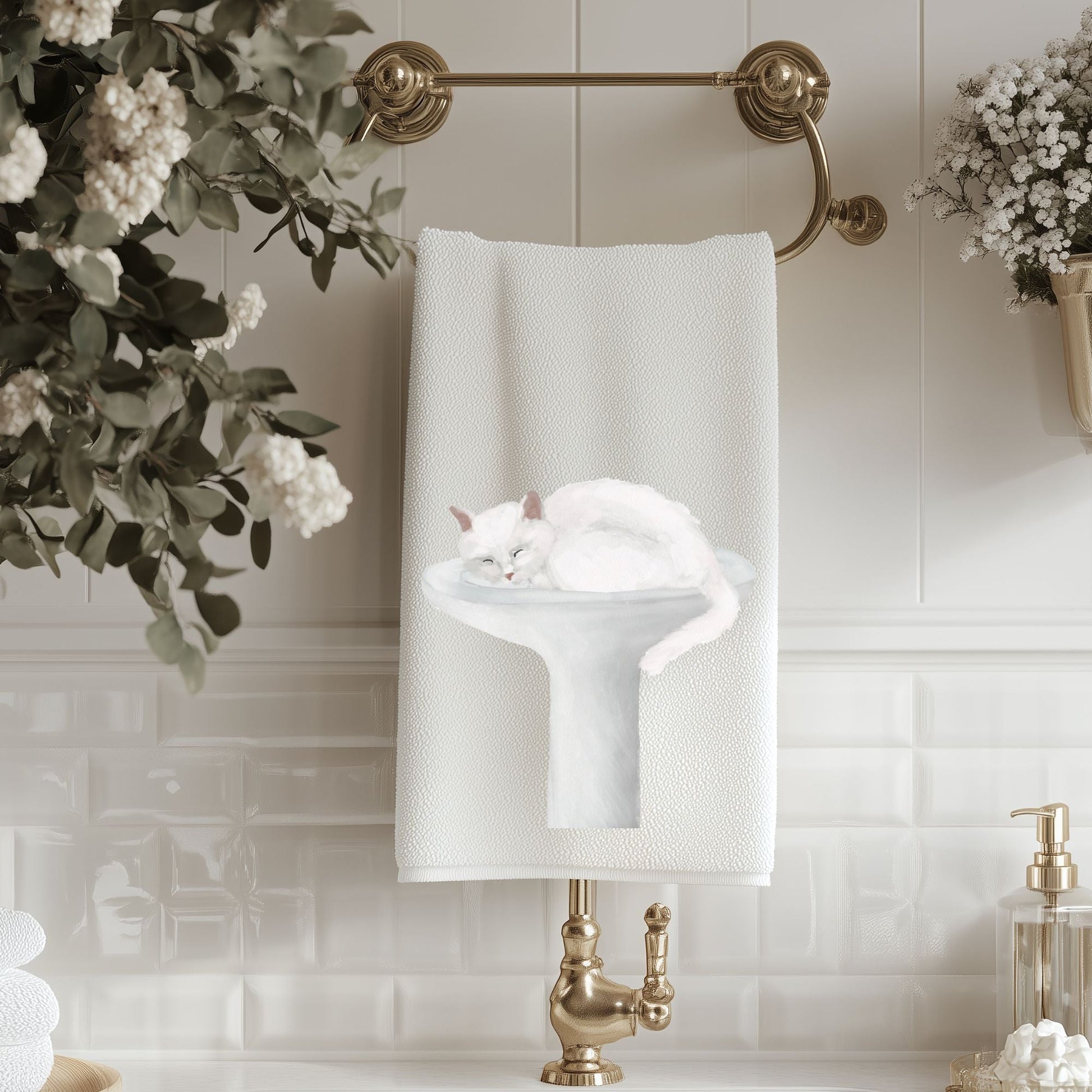 White Cat Sleeping in Sink Bathroom Towel - MerikaArt