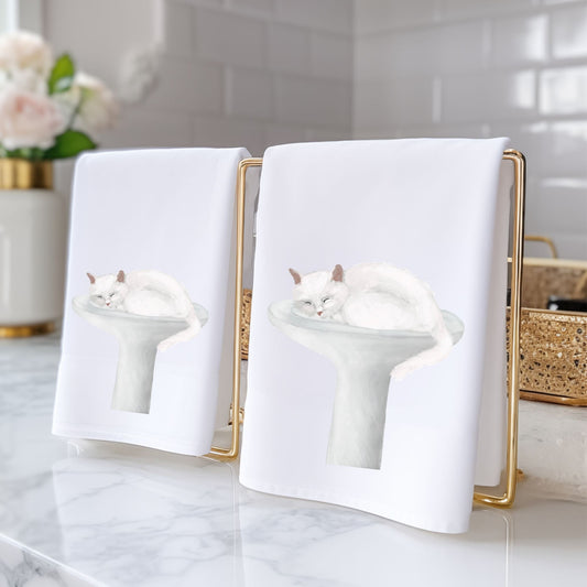 White Cat Sleeping in Sink Bathroom Towel - MerikaArt