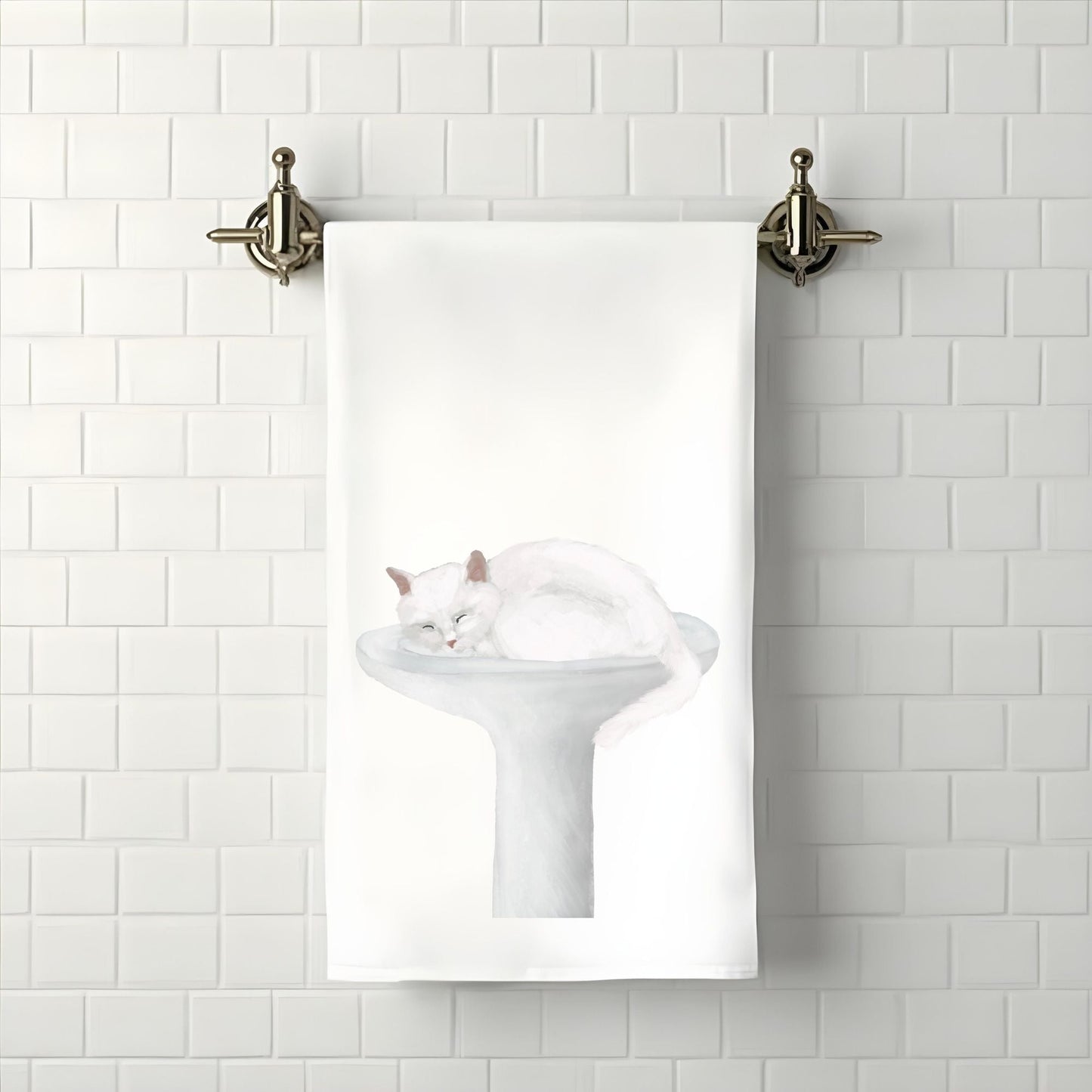 White Cat Sleeping in Sink Bathroom Towel - MerikaArt