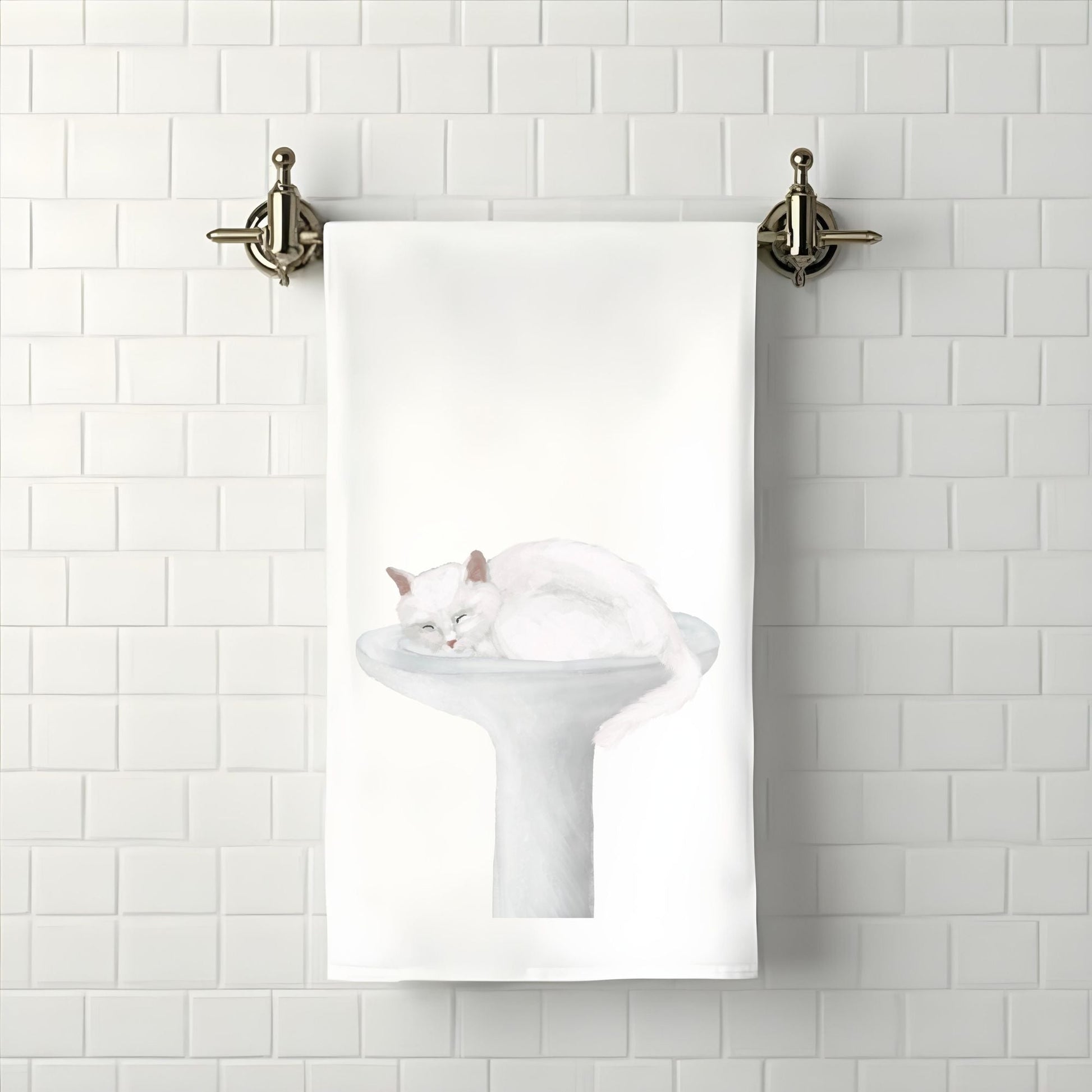 White Cat Sleeping in Sink Bathroom Towel - MerikaArt