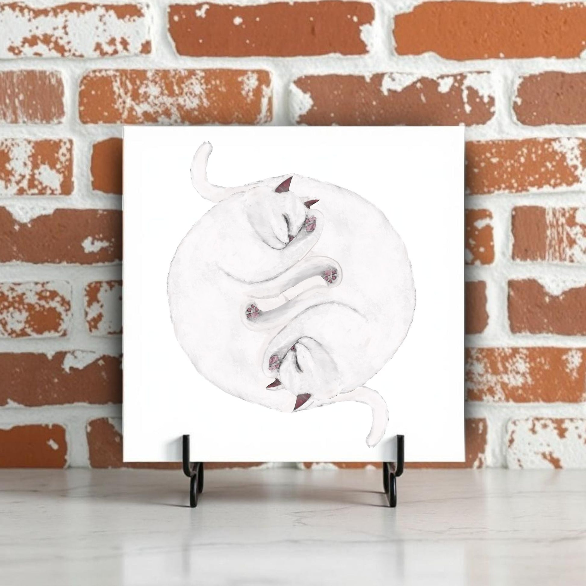 White Cats Yin and Yang Ceramic Tile - MerikaArt