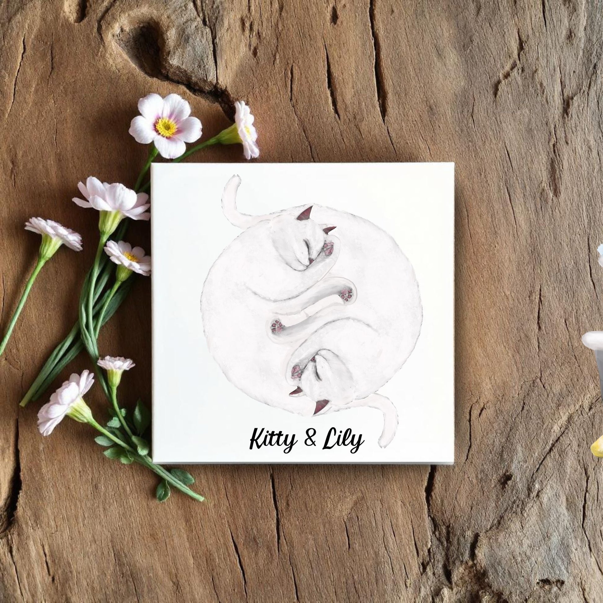 White Cats Yin and Yang Ceramic Tile - MerikaArt