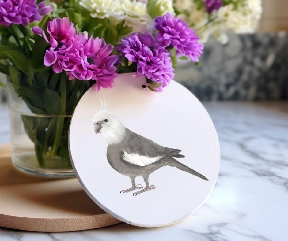 White Faced Cockatiel Ceramic Coaster - MerikaArt