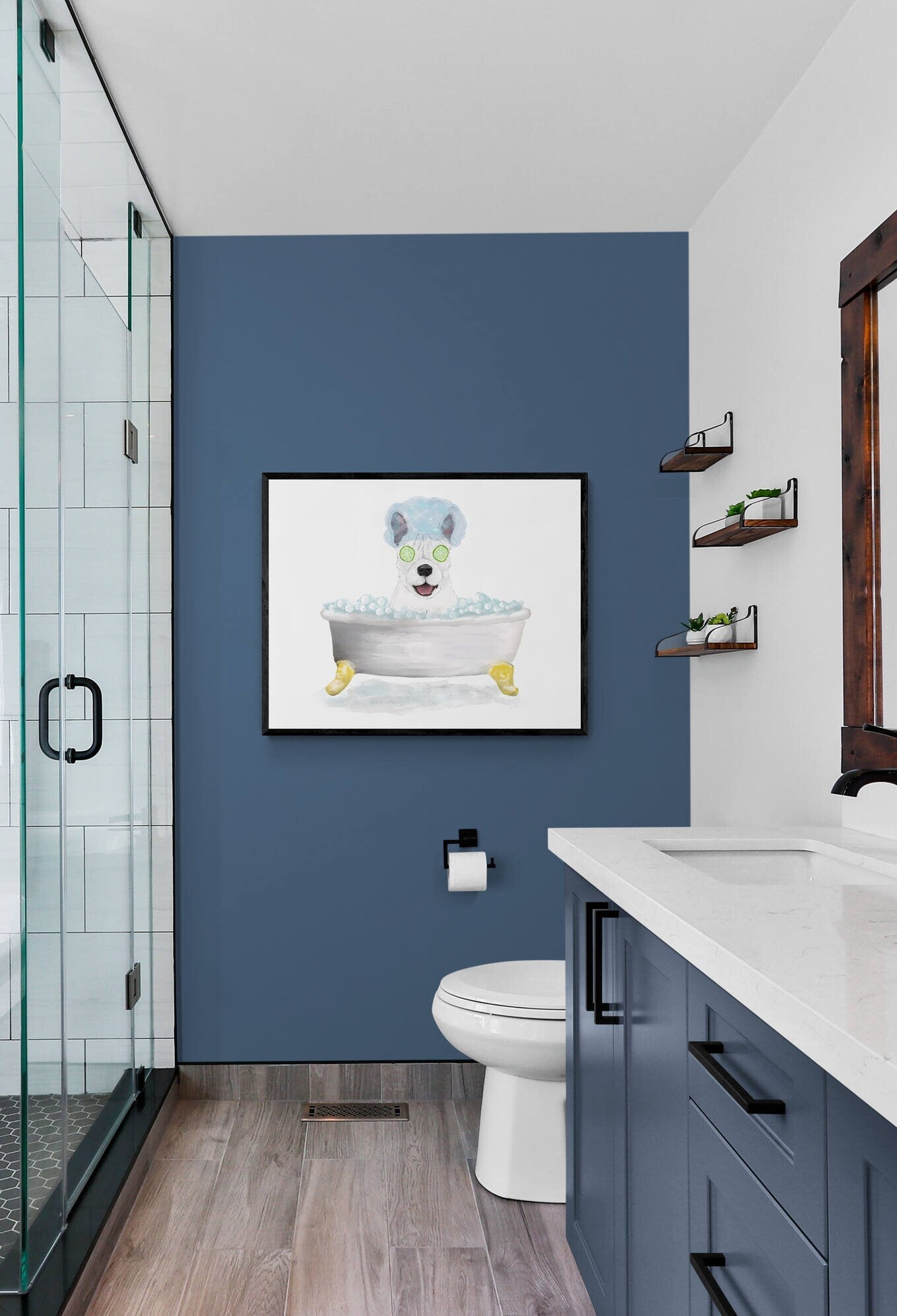 White French Bulldog Bathing Print, French Bulldog In Bathtub, Bathroom Wall Art, Dog Painting, Dog Relaxing In Bath Print, Dog Lover - MerikaArt