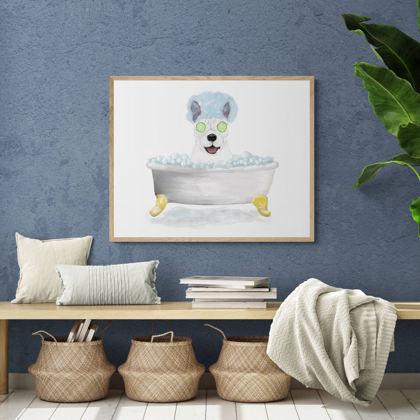 White French Bulldog Bathing Print, French Bulldog In Bathtub, Bathroom Wall Art, Dog Painting, Dog Relaxing In Bath Print, Dog Lover - MerikaArt