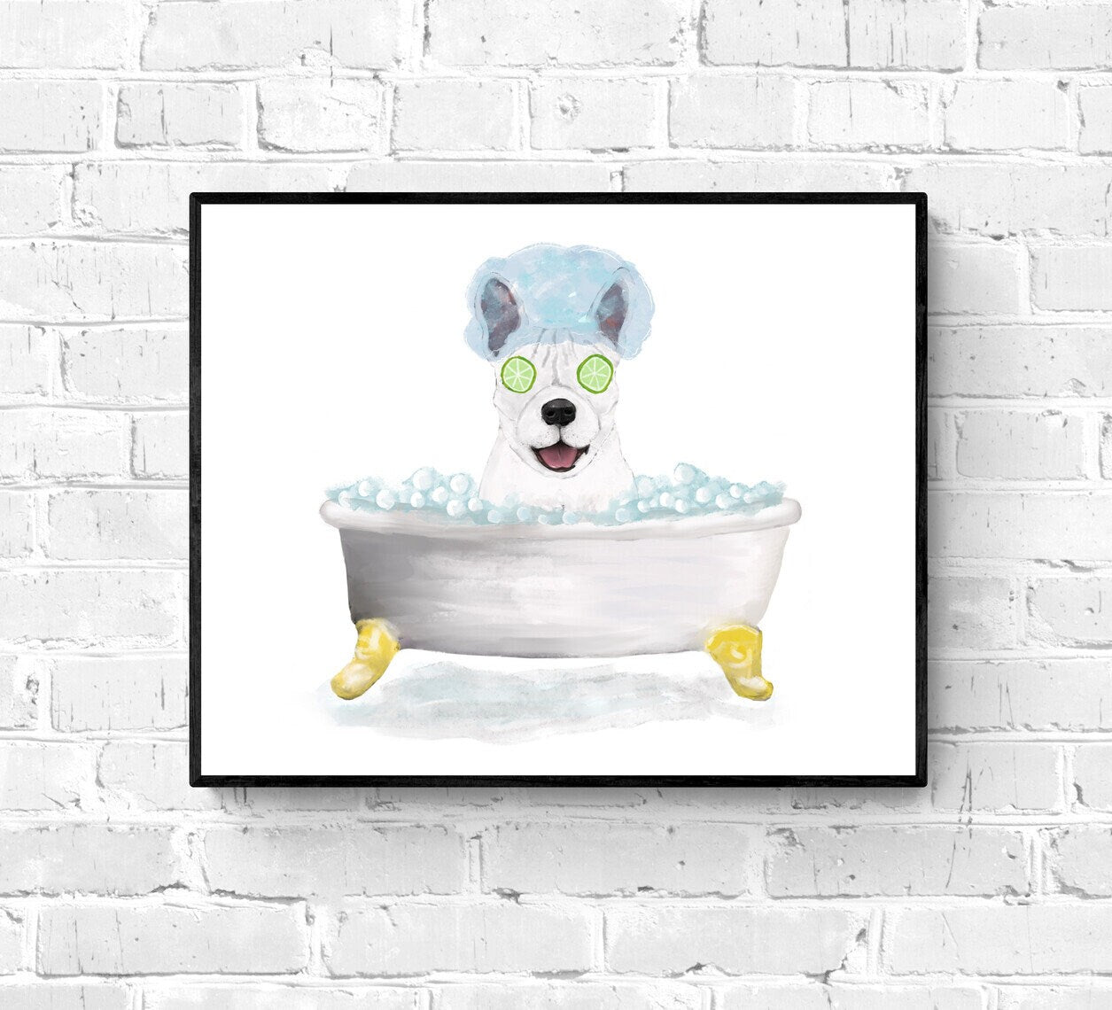 White French Bulldog Bathing Print, French Bulldog In Bathtub, Bathroom Wall Art, Dog Painting, Dog Relaxing In Bath Print, Dog Lover - MerikaArt