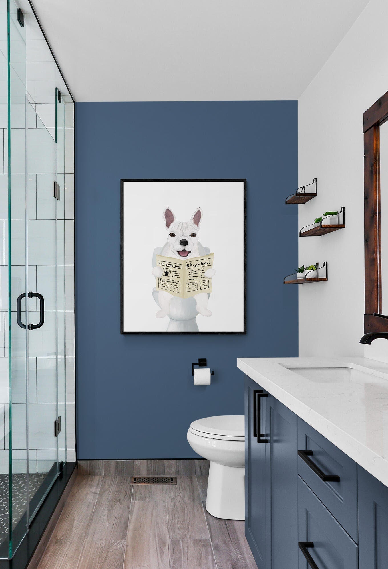 White French Bulldog On Toilet Print, Dog On Toilet Art, Bathroom Art, Bathroom Dog Painting, Frenchie On Toilet Print, Dog Lover Gift - MerikaArt