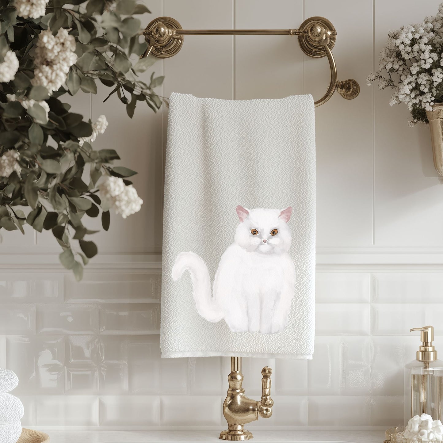 White Persian Cat Bathroom Towel - MerikaArt