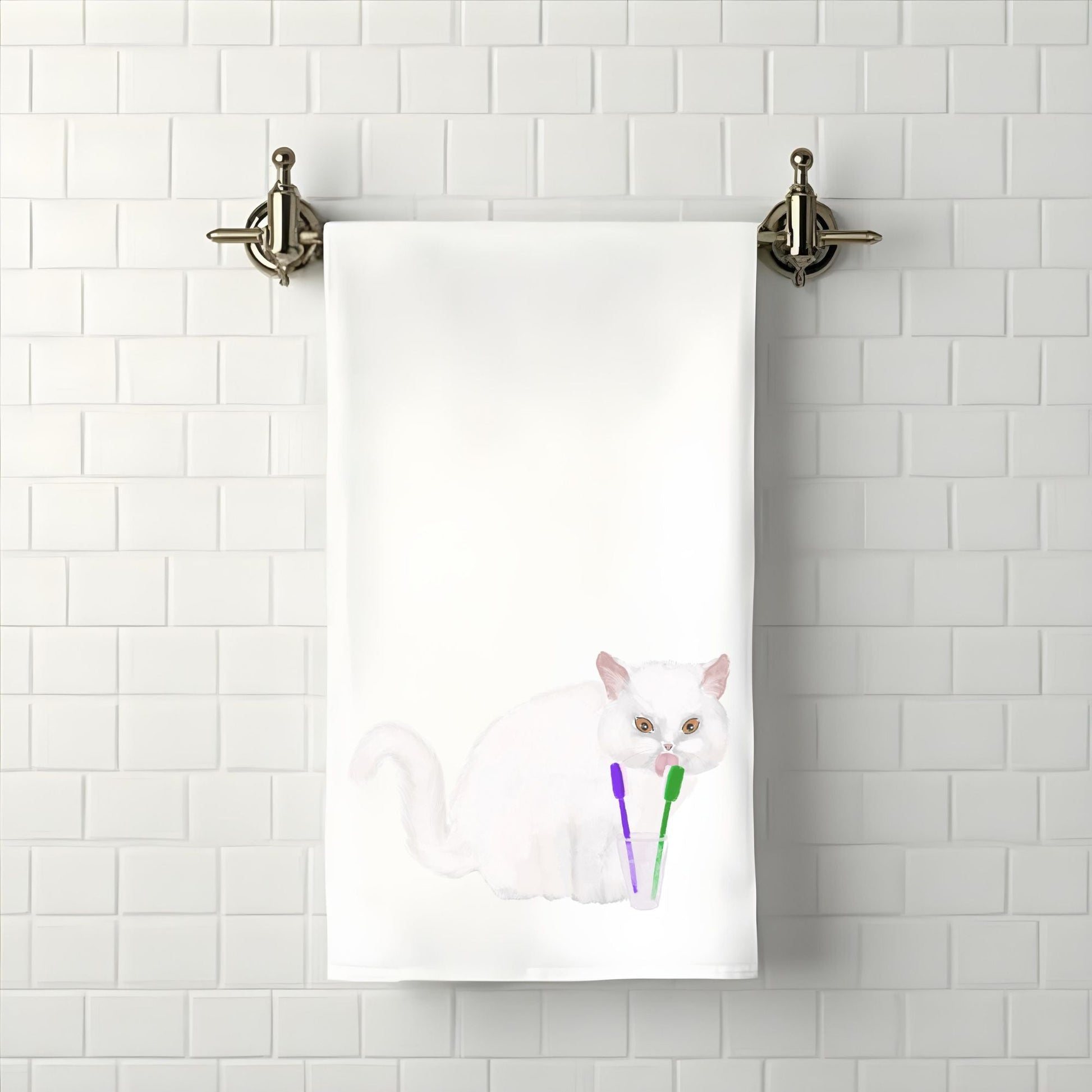 White Persian Cat Toothbrush Bathroom Towel - MerikaArt