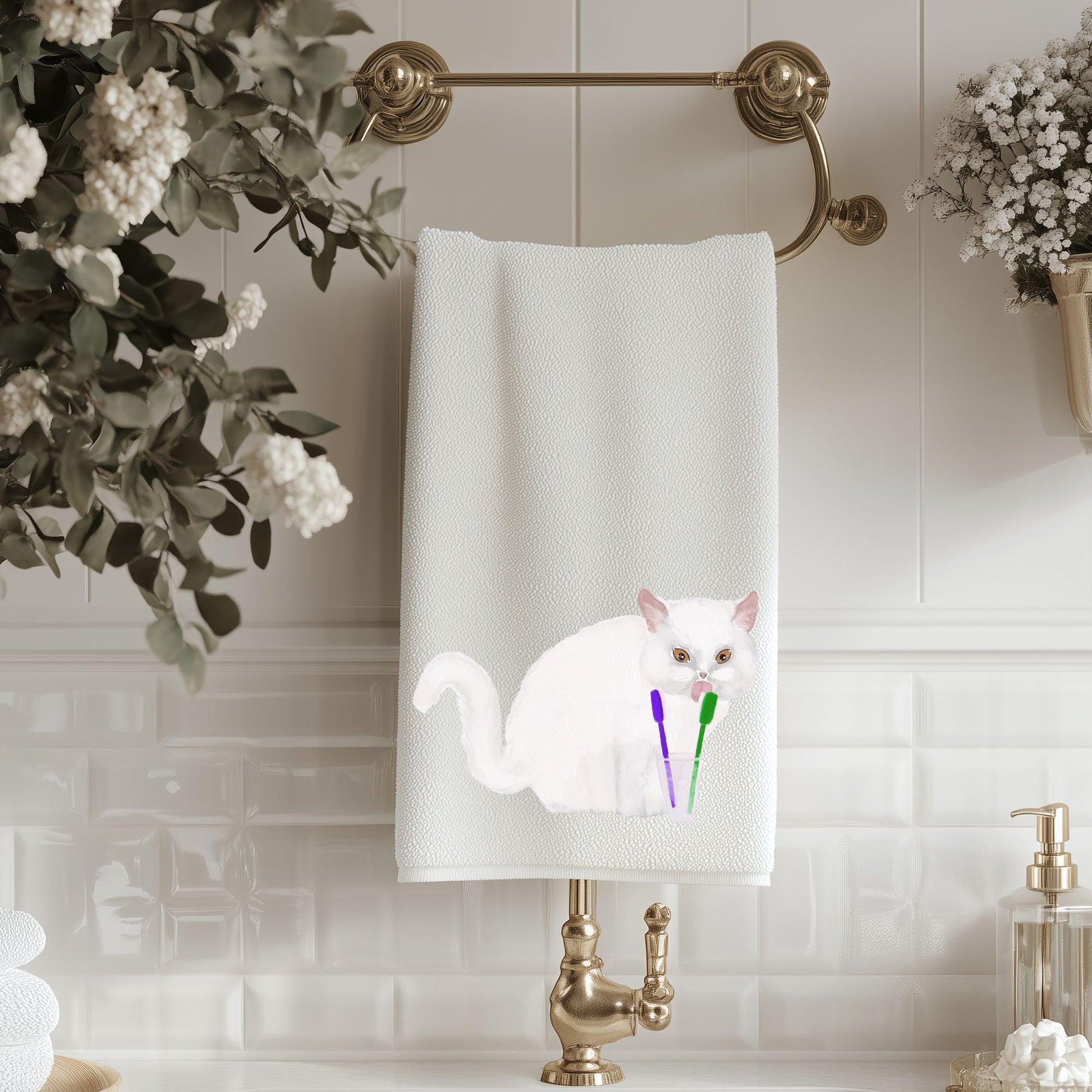White Persian Cat Toothbrush Bathroom Towel - MerikaArt