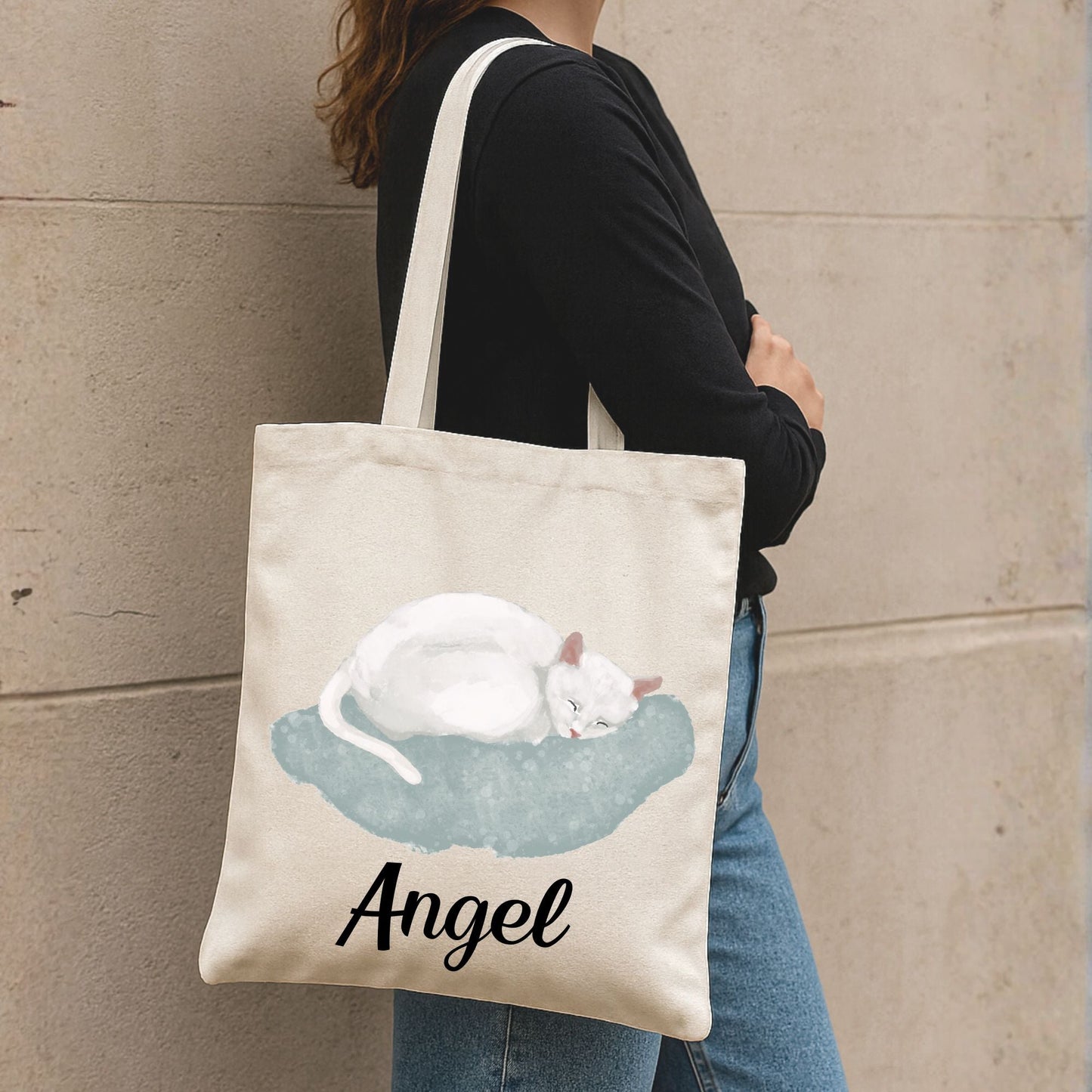 White Sleeping Cat on Soft Blue Cushion Illustration Canvas Tote Bag - MerikaArt