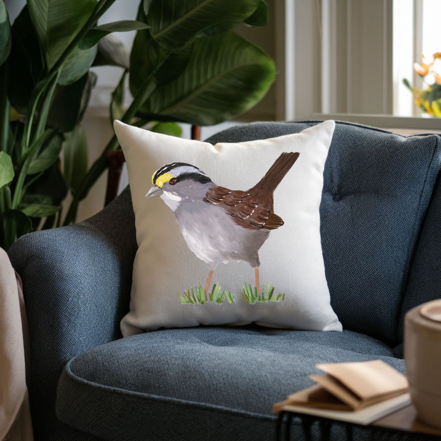 White - Throated Sparrow Bird Pillow - MerikaArt