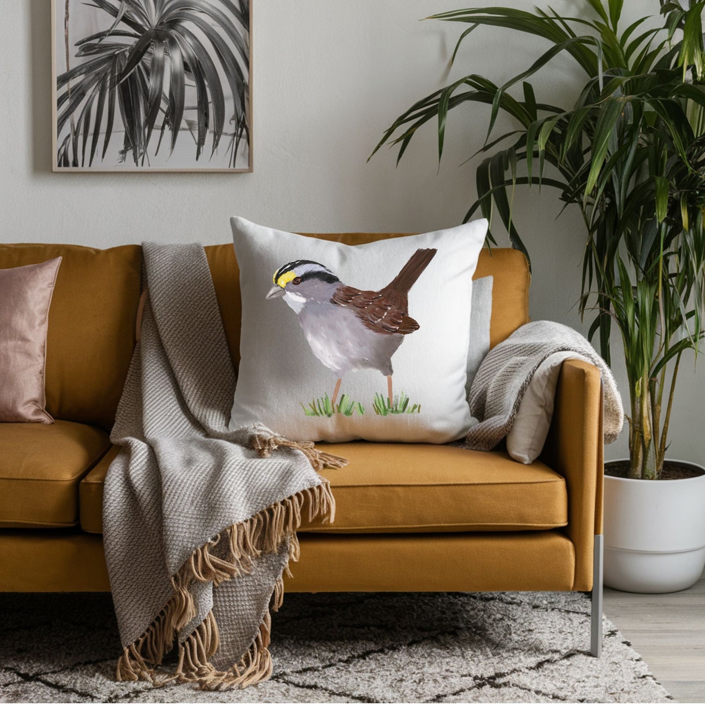 White - Throated Sparrow Bird Pillow - MerikaArt