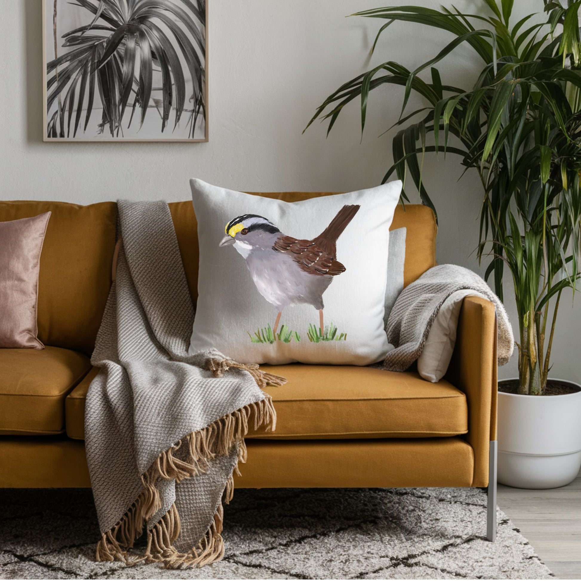 White - Throated Sparrow Bird Pillow - MerikaArt
