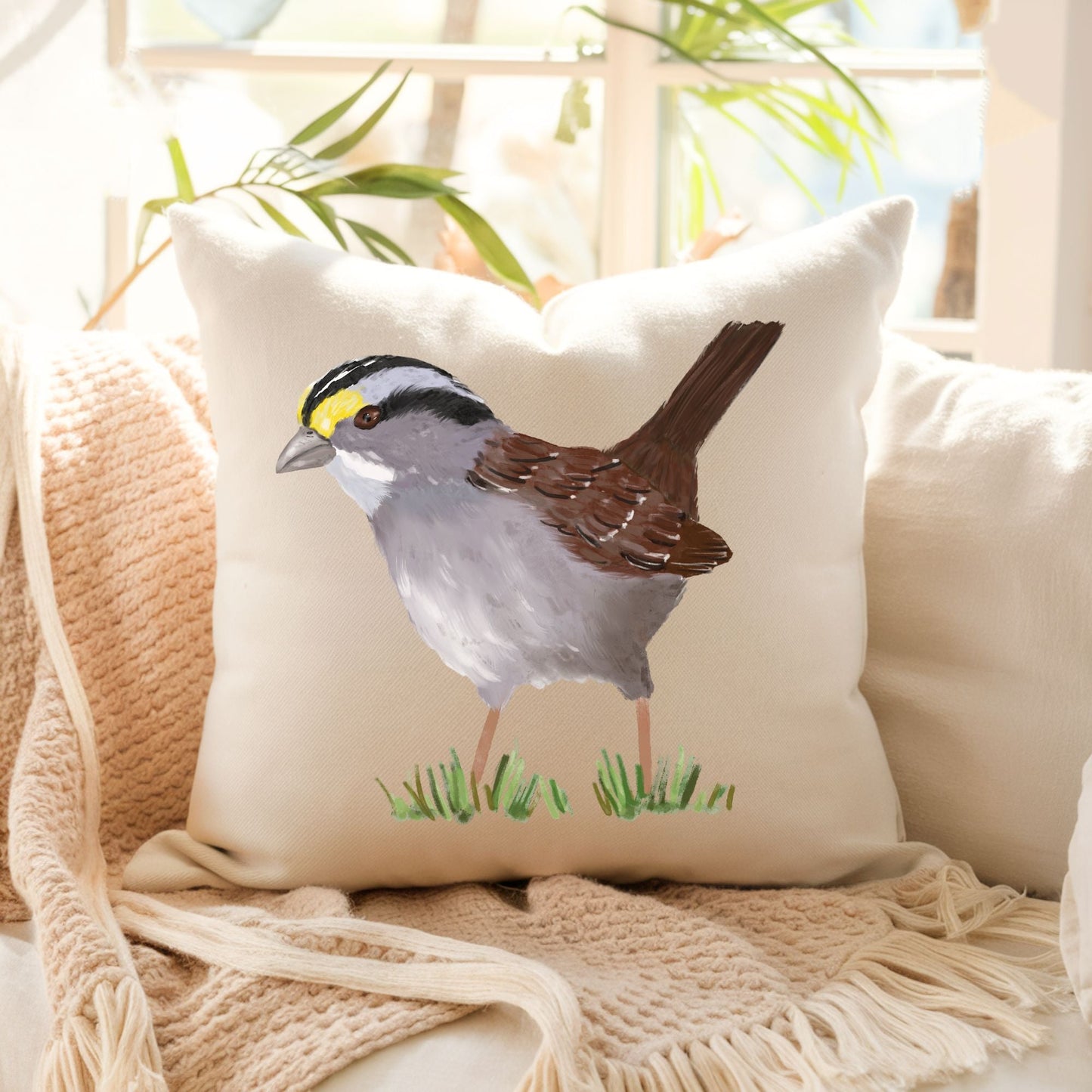 White - Throated Sparrow Bird Pillow - MerikaArt