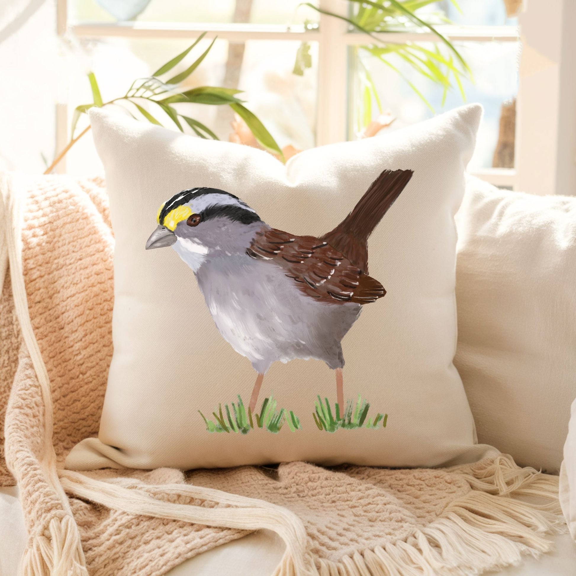 White - Throated Sparrow Bird Pillow - MerikaArt