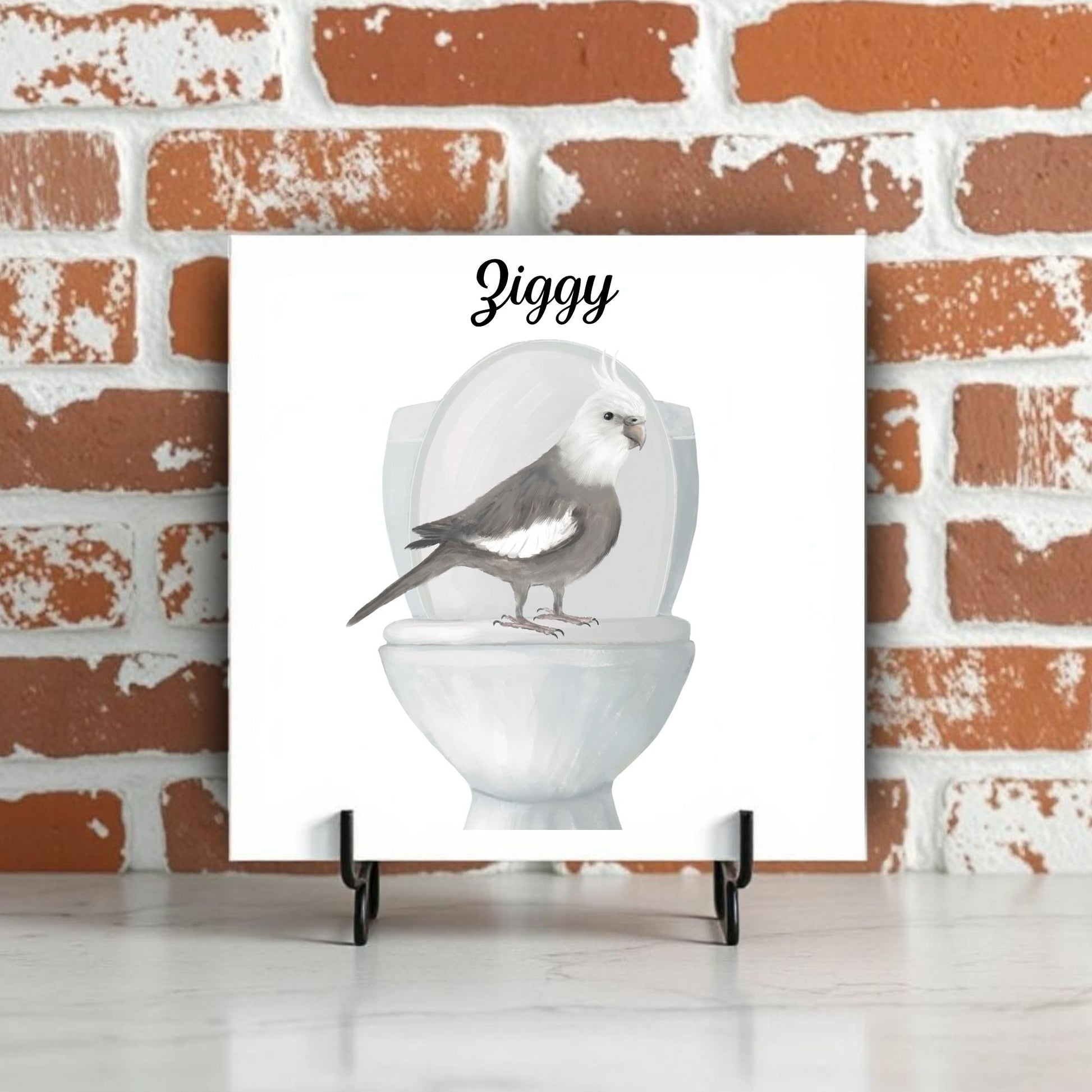 Whiteface Cockatiel on Toilet Ceramic Tile – Playful Bird Lover Decor - MerikaArt