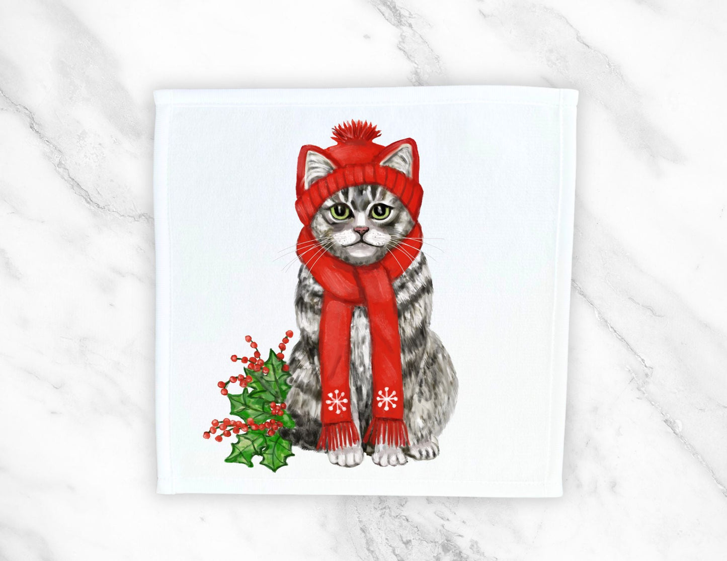 Winter Cat Washcloth | "Cozy Holly Whiskers" - MerikaArt