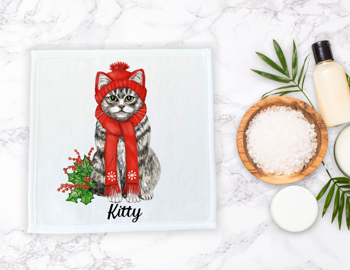 Winter Cat Washcloth | "Cozy Holly Whiskers" - MerikaArt