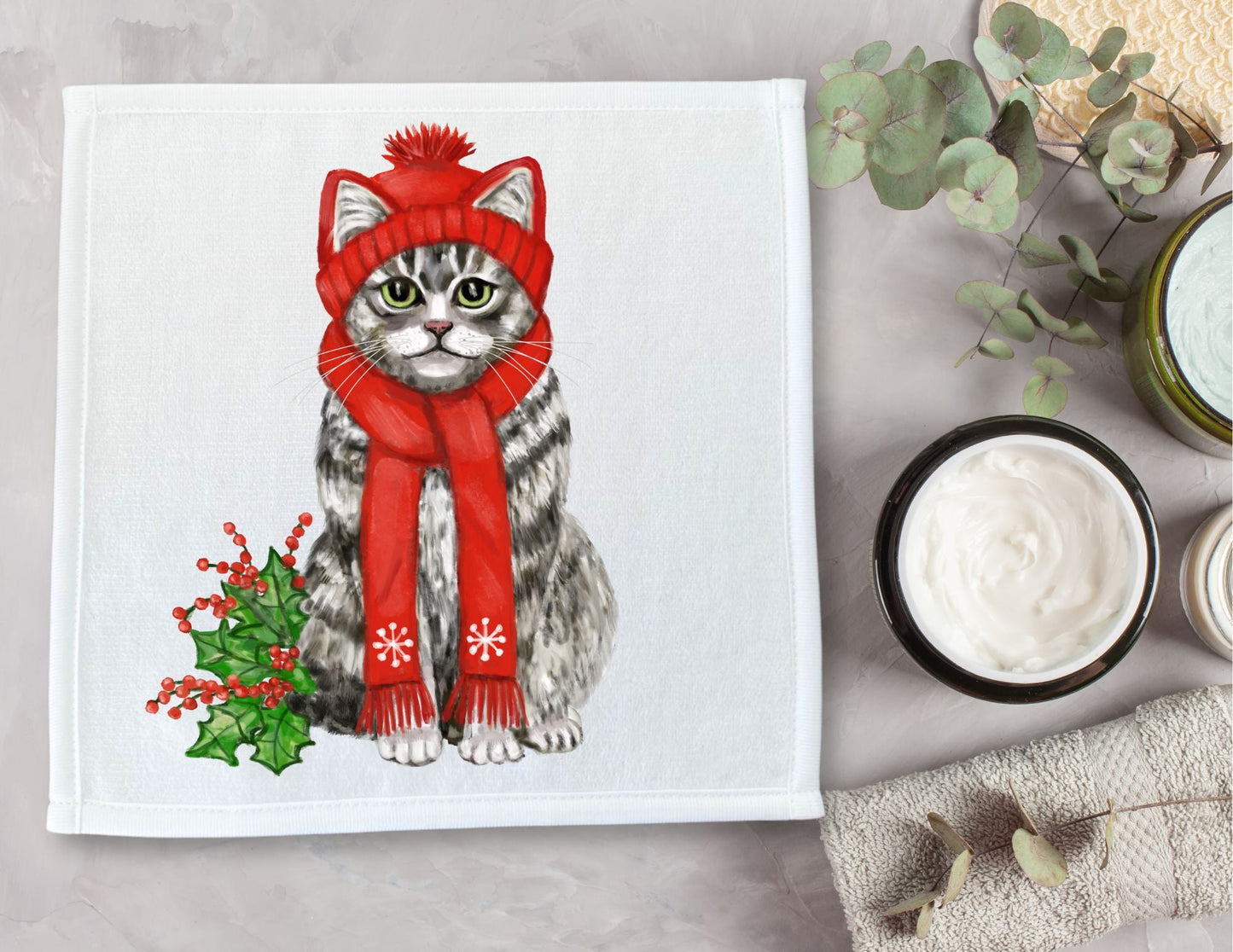 Winter Cat Washcloth | "Cozy Holly Whiskers" - MerikaArt