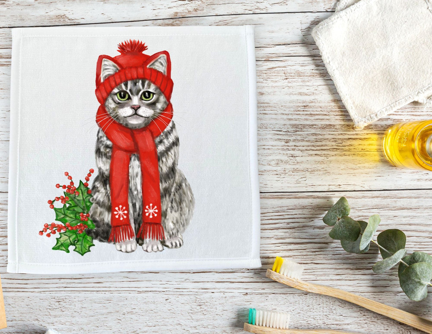 Winter Cat Washcloth | "Cozy Holly Whiskers" - MerikaArt