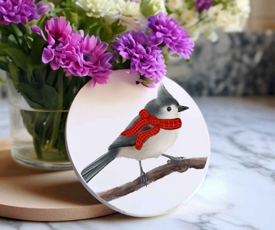 Winter Tufted Titmouse with Red Scarf Ceramic Coaster - MerikaArt