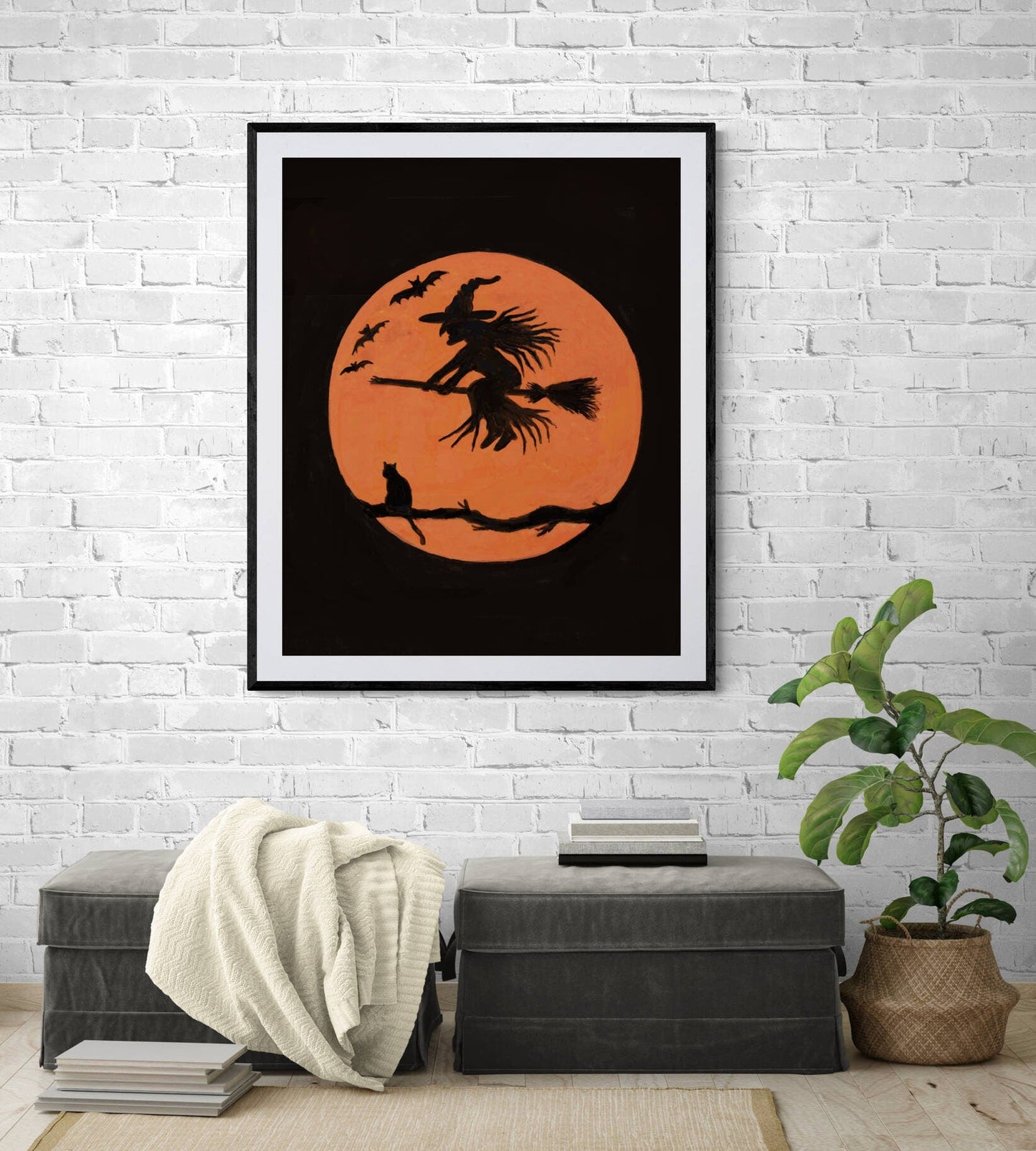 Witch Flying with a Broom Print, Halloween Cat Painting, Halloween Orange Moon Portrait, Holiday Wall Art, Flying with Bats Poster - MerikaArt