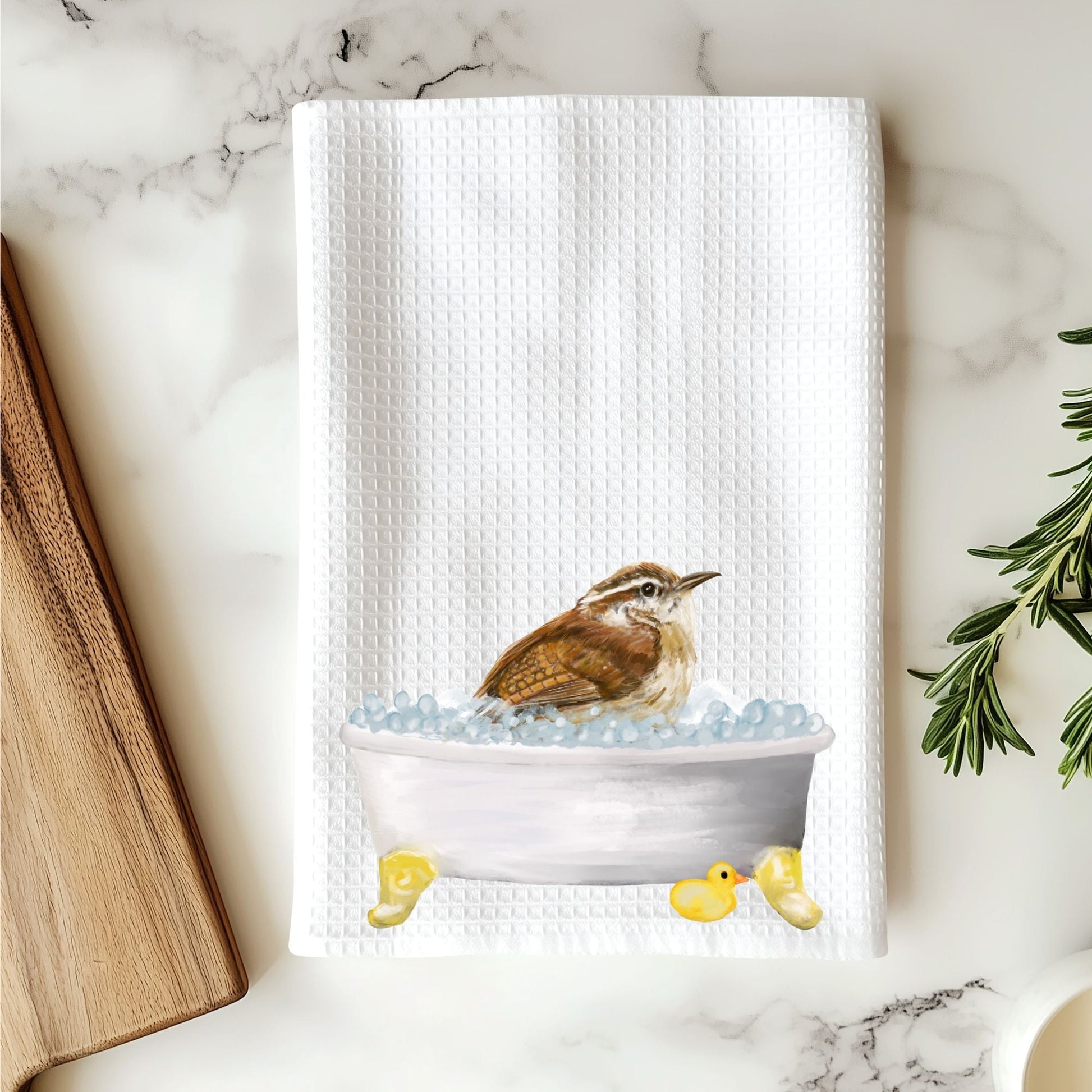 Wren in Bathtub Kitchen Towel - MerikaArt