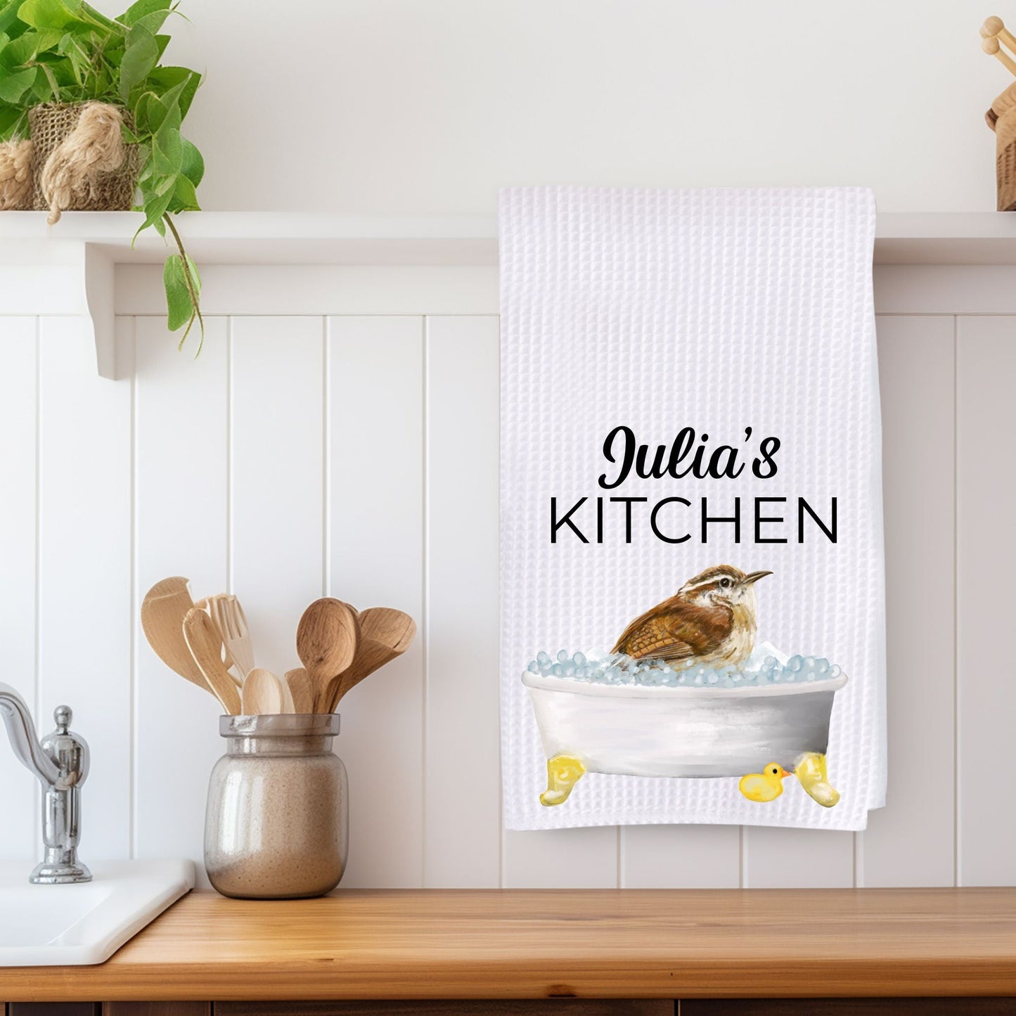 Wren in Bathtub Kitchen Towel - MerikaArt