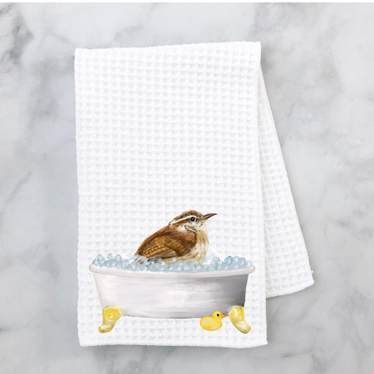 Wren in Bathtub Kitchen Towel - MerikaArt
