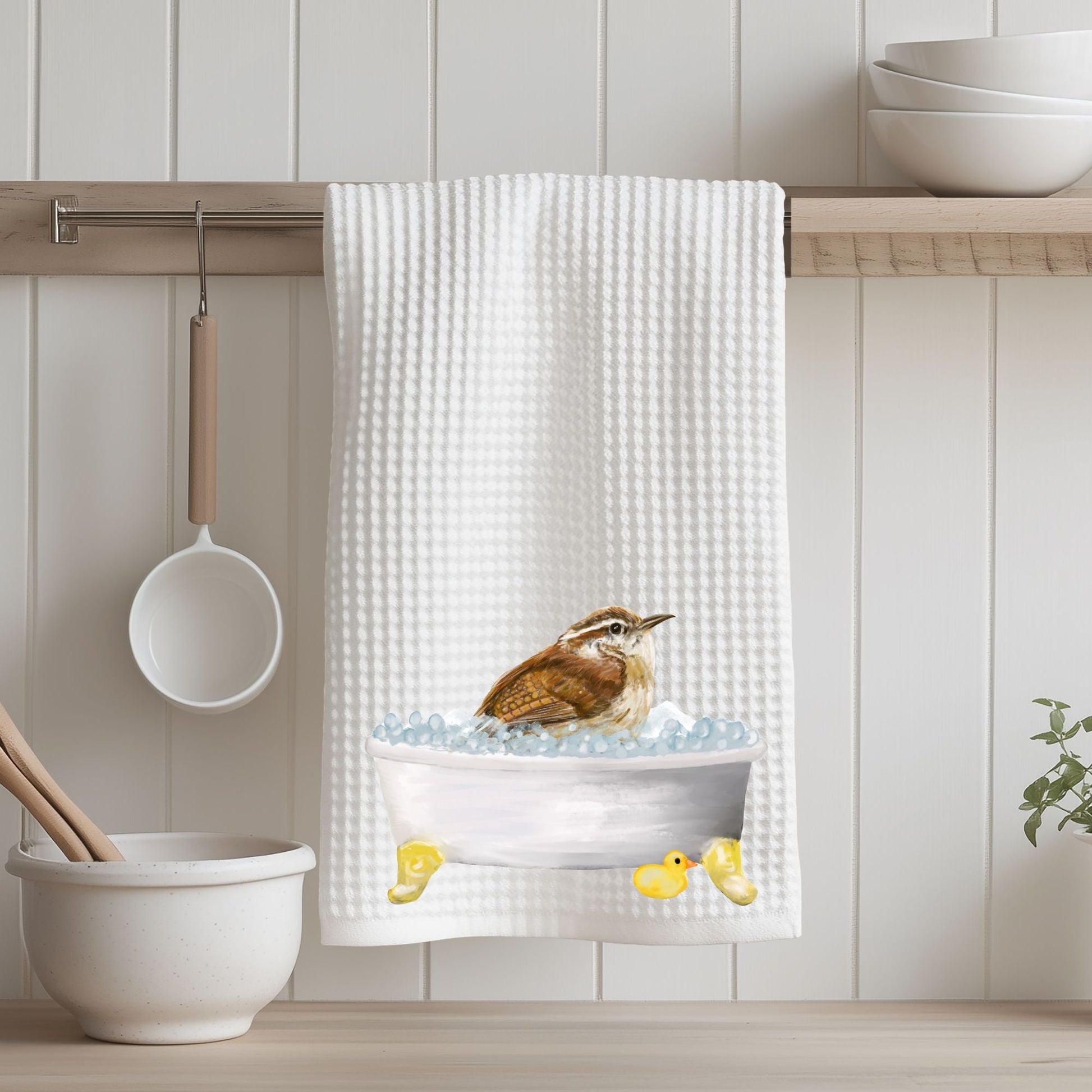 Wren in Bathtub Kitchen Towel - MerikaArt