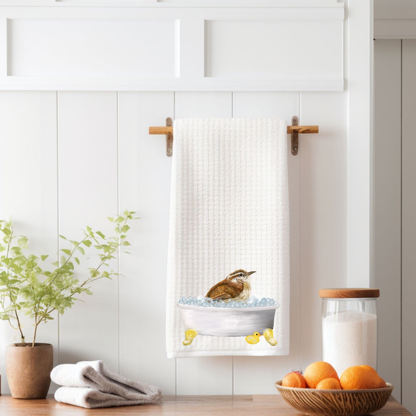 Wren in Bathtub Kitchen Towel - MerikaArt