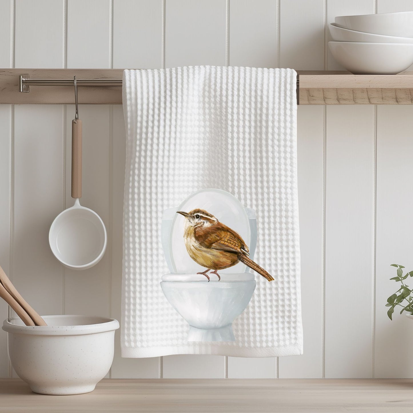 Wren on Toilet Bathroom Towel - MerikaArt