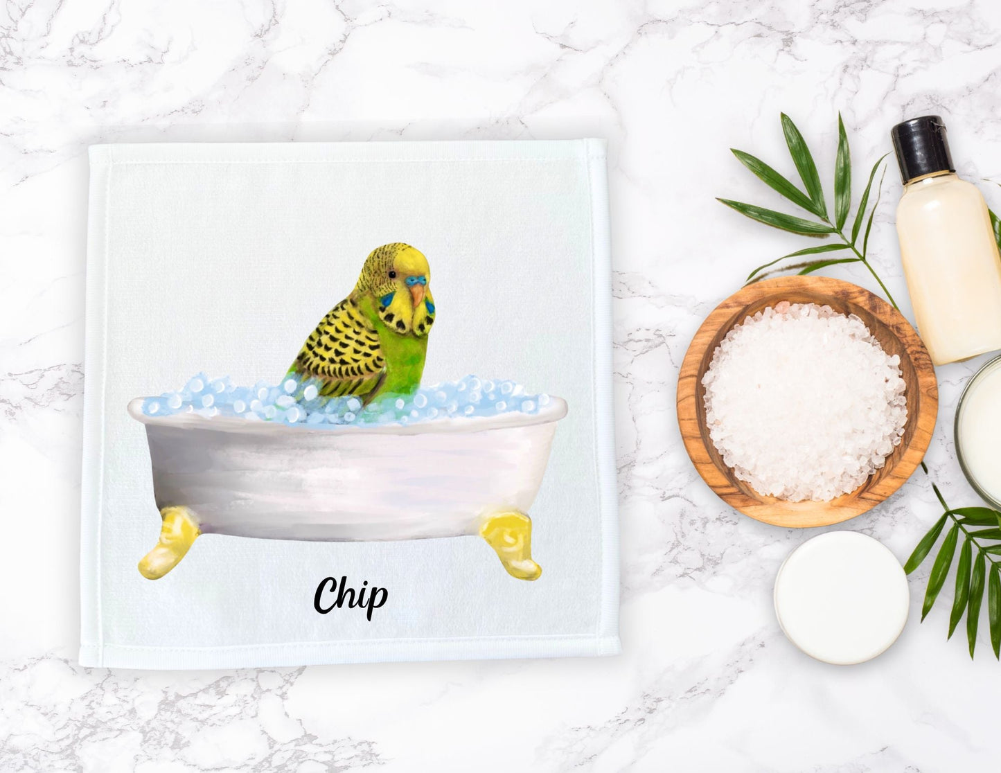 Yellow and Green Budgie in Tub Washcloth – A Delightful Bird Lover's Gift - MerikaArt