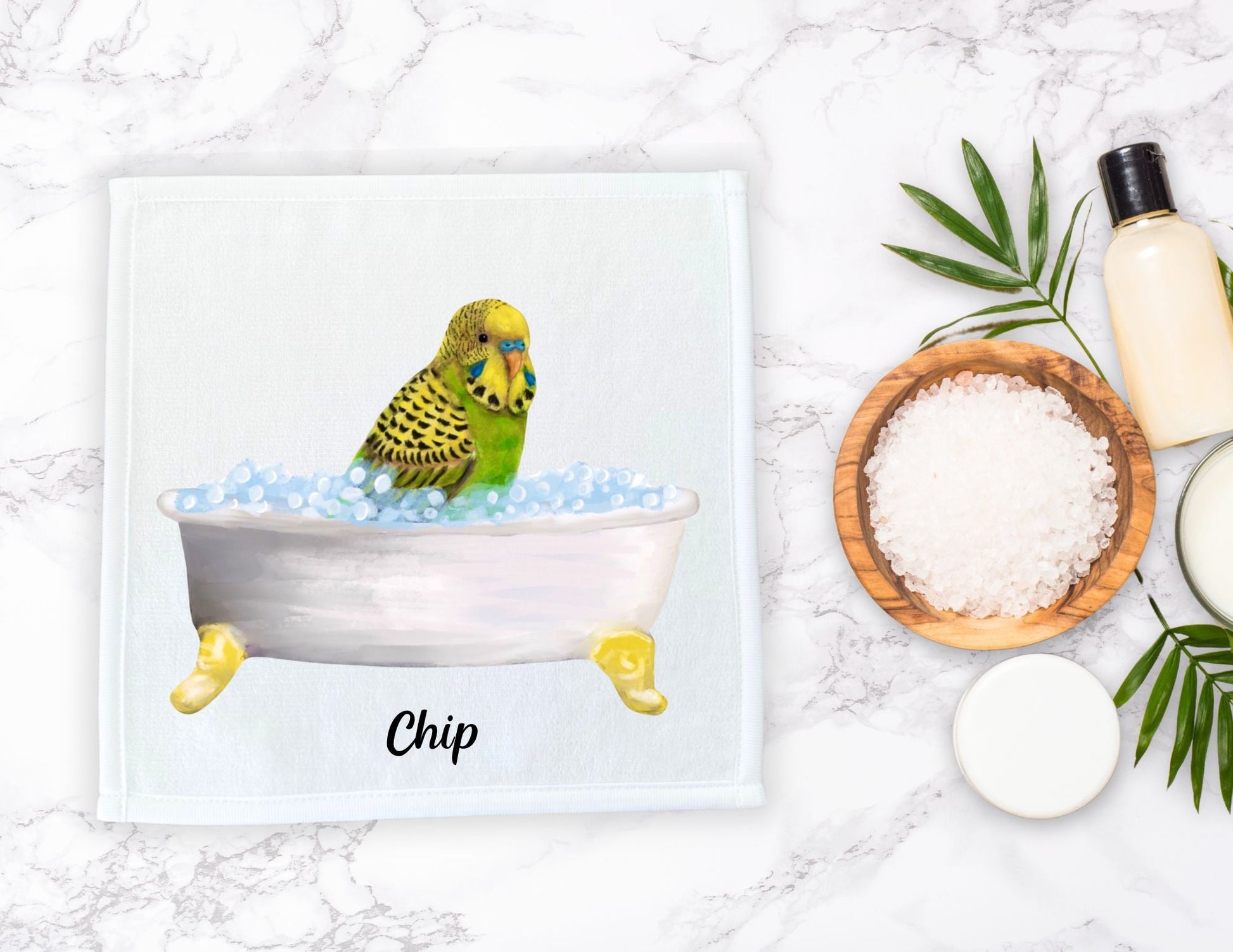 Yellow and Green Budgie in Tub Washcloth – A Delightful Bird Lover's Gift - MerikaArt
