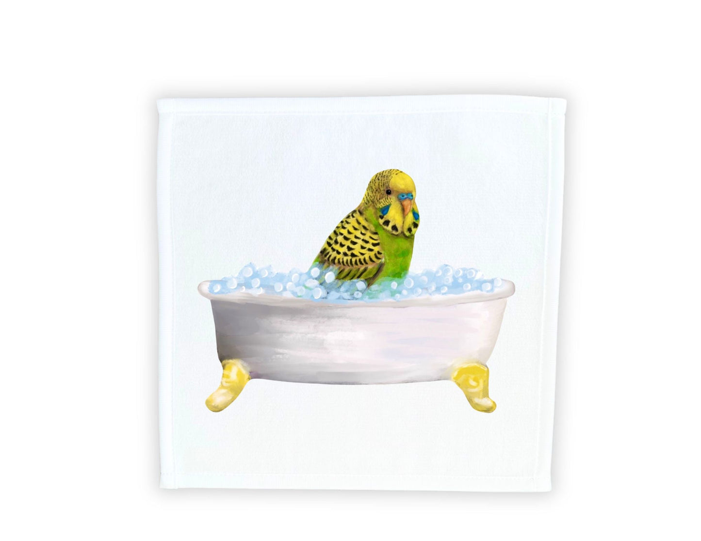 Yellow and Green Budgie in Tub Washcloth – A Delightful Bird Lover's Gift - MerikaArt