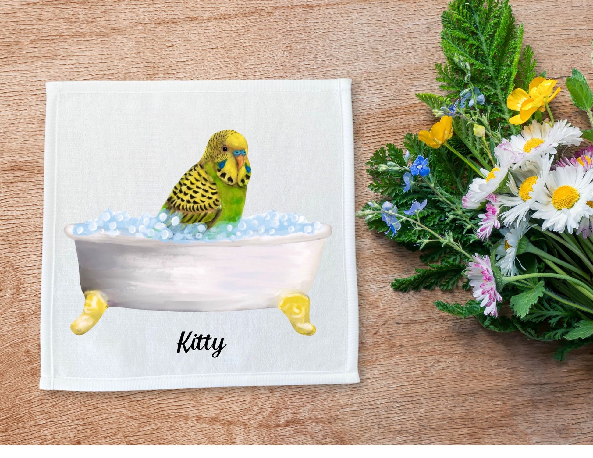 Yellow and Green Budgie in Tub Washcloth – A Delightful Bird Lover's Gift - MerikaArt