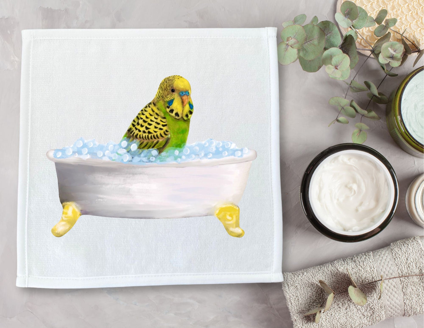 Yellow and Green Budgie in Tub Washcloth – A Delightful Bird Lover's Gift - MerikaArt