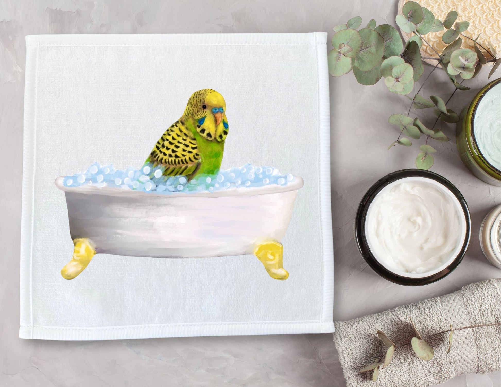 Yellow and Green Budgie in Tub Washcloth – A Delightful Bird Lover's Gift - MerikaArt
