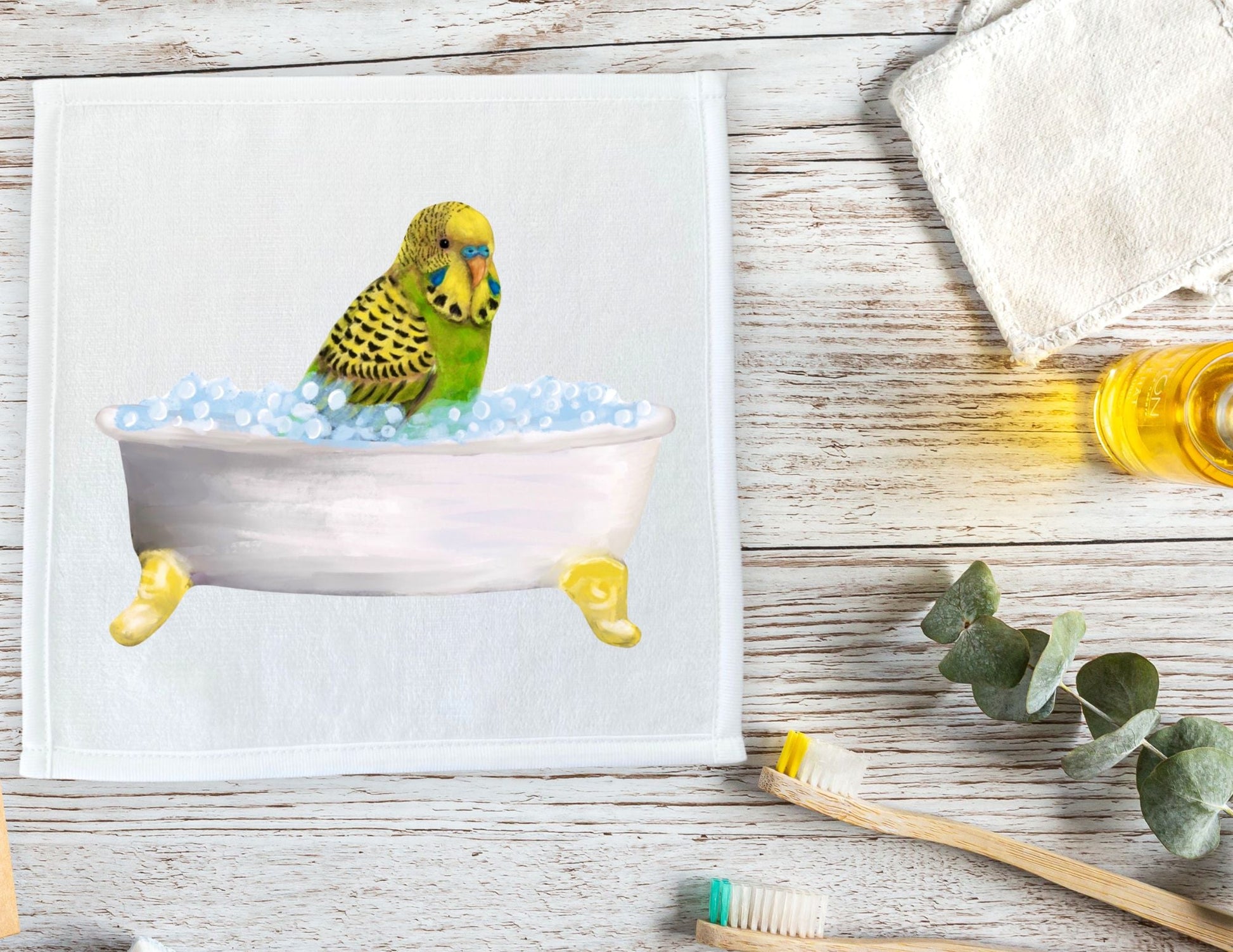 Yellow and Green Budgie in Tub Washcloth – A Delightful Bird Lover's Gift - MerikaArt